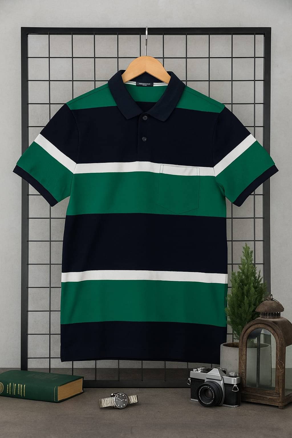     			AUSTIN WOOD Men Cotton Blend Regular Fit Striped Polo T Shirt ( Green )