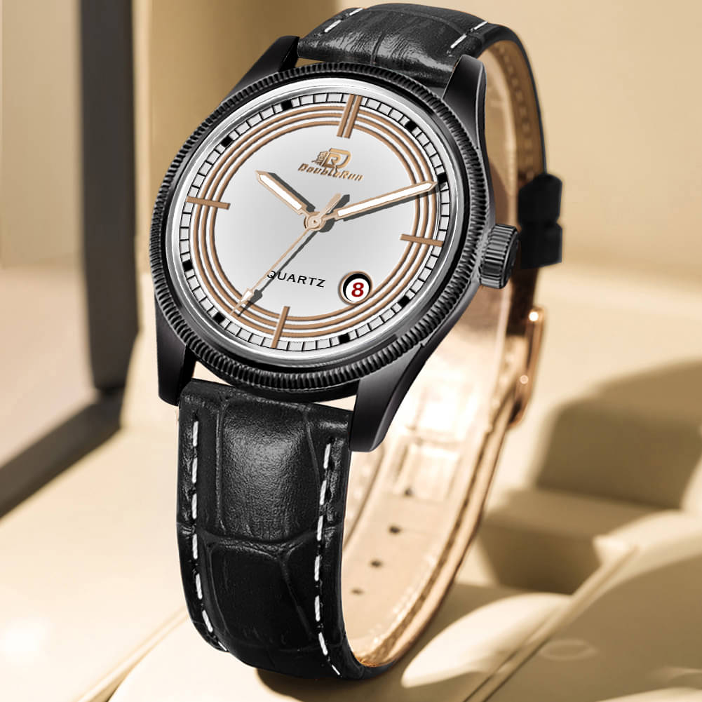     			DoubleRun Black Leather Analog Men's Watch