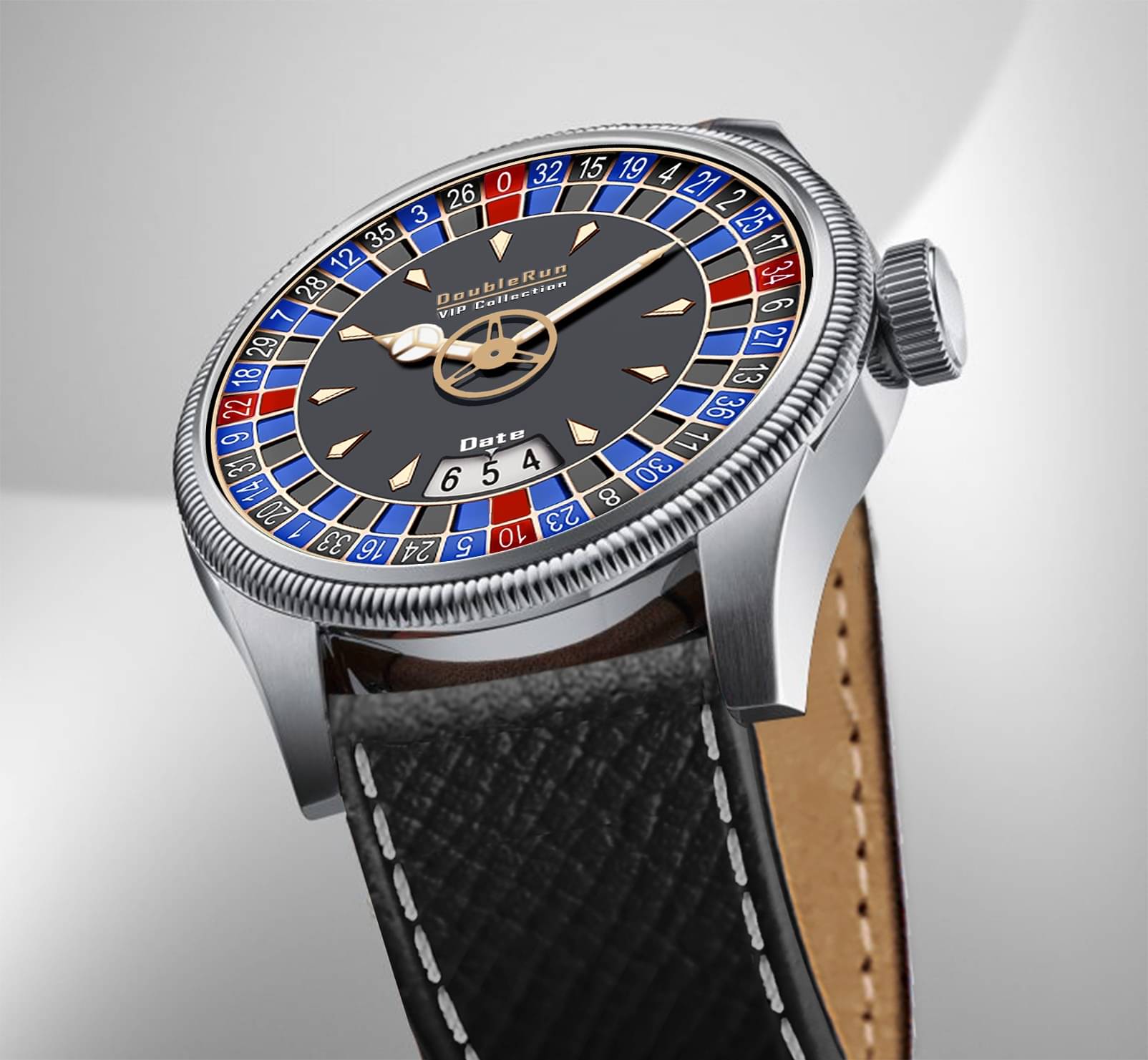     			DoubleRun Black Leather Analog Men's Watch