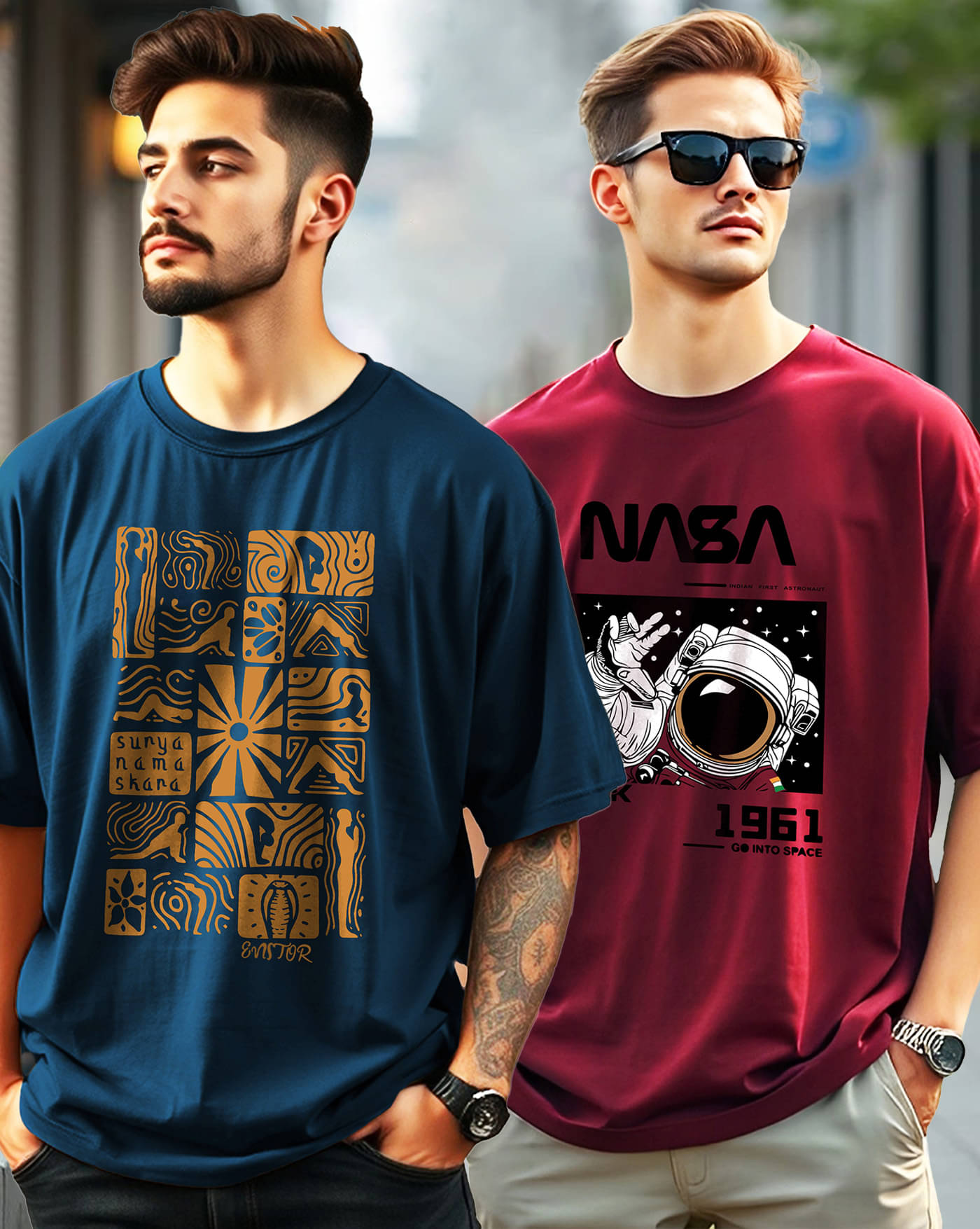     			ENITOR Men Cotton Blend Oversized Fit Printed T-Shirt ( Teal Blue )