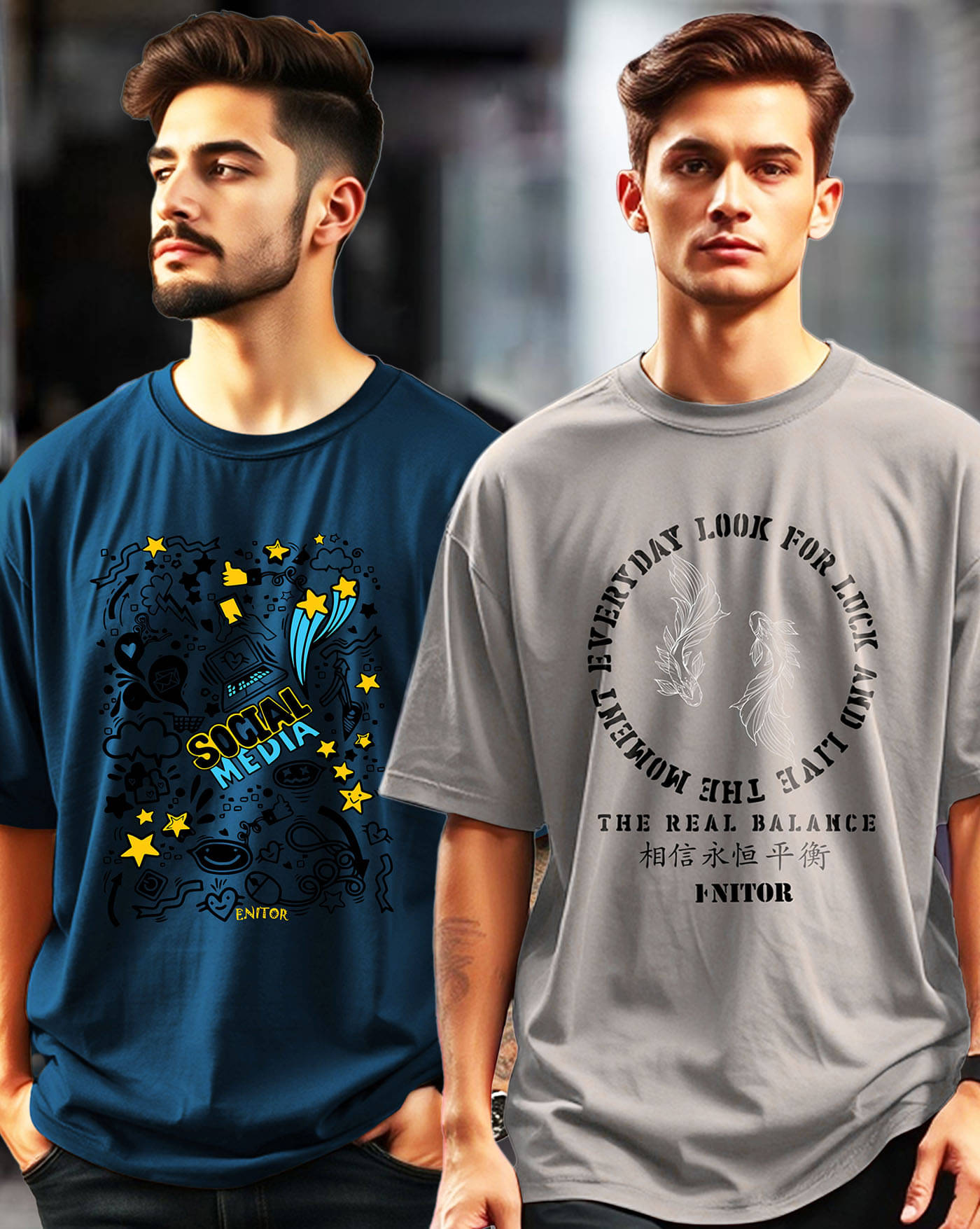     			ENITOR Men Cotton Blend Oversized Fit Printed T-Shirt ( Teal Blue )