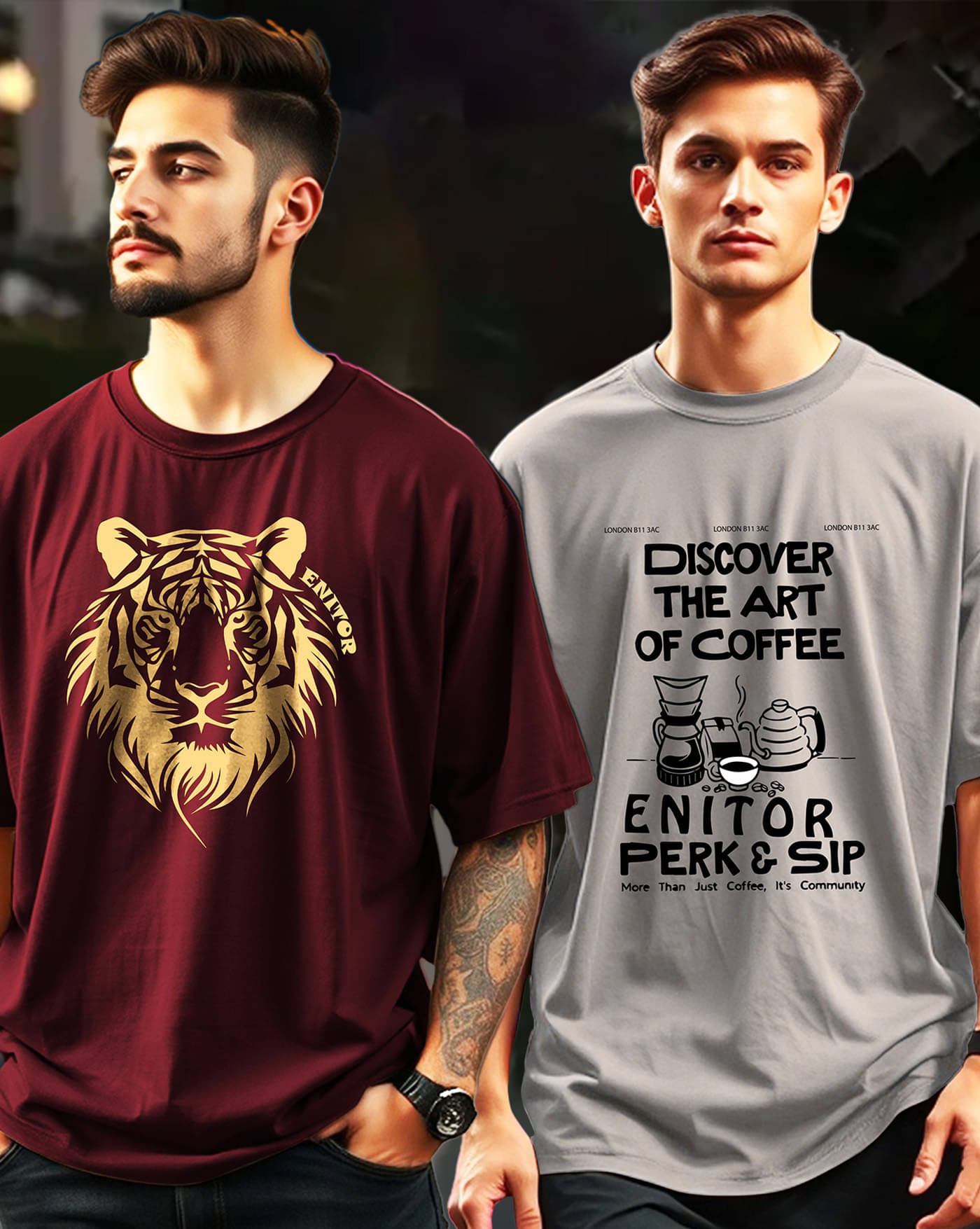 ENITOR Men Cotton Blend Oversized Fit Printed T-Shirt ( Grey ) ENITOR Men Cotton Blend Oversized Fit Printed T-Shirt ( Grey )