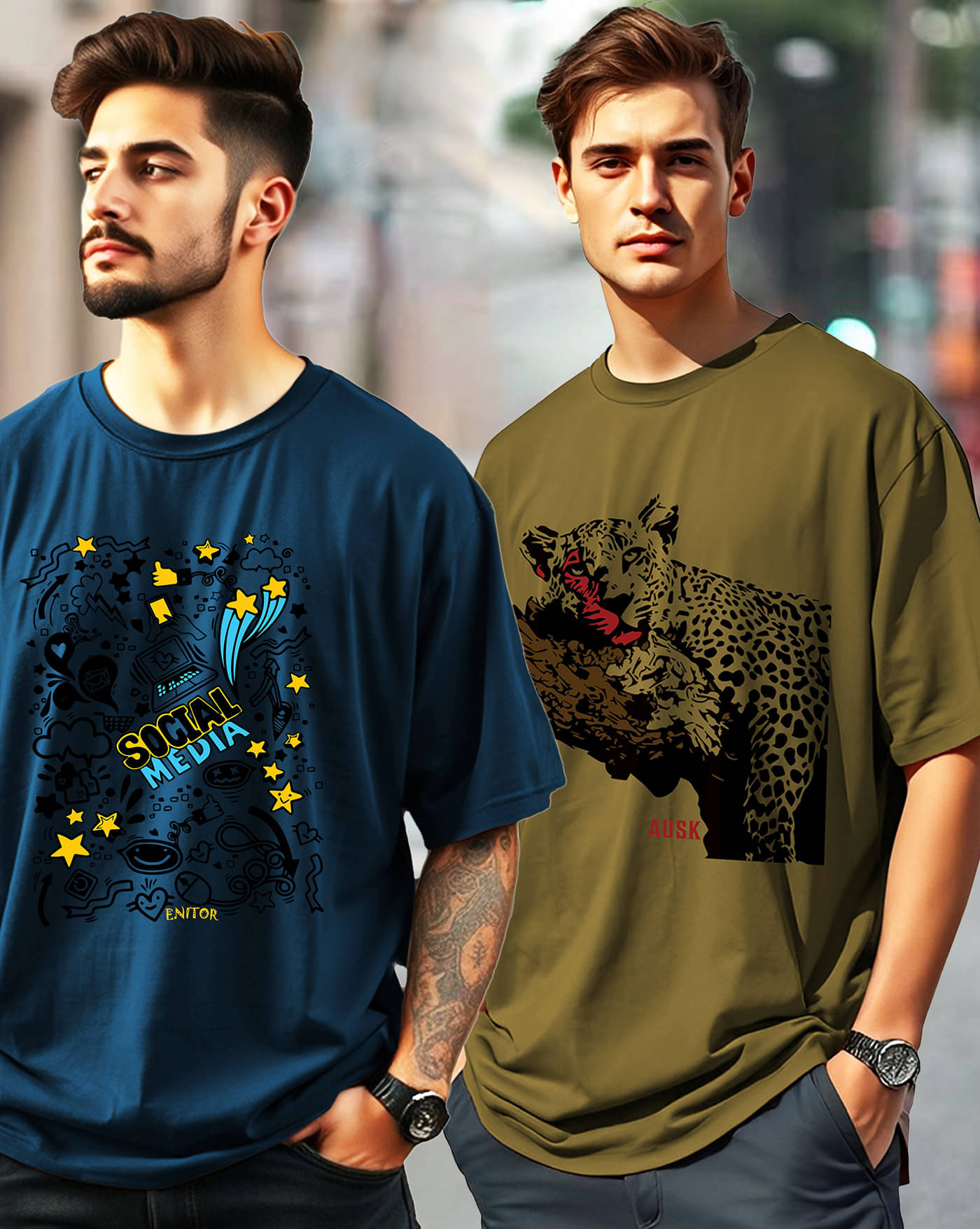 ENITOR Men Cotton Blend Oversized Fit Printed T-Shirt ( Teal Blue ) ENITOR Men Cotton Blend Oversized Fit Printed T-Shirt ( Teal Blue )