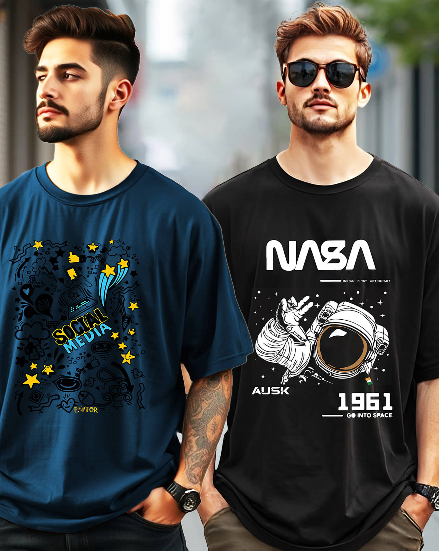     			ENITOR Men Cotton Blend Oversized Fit Printed T-Shirt ( Teal Blue )