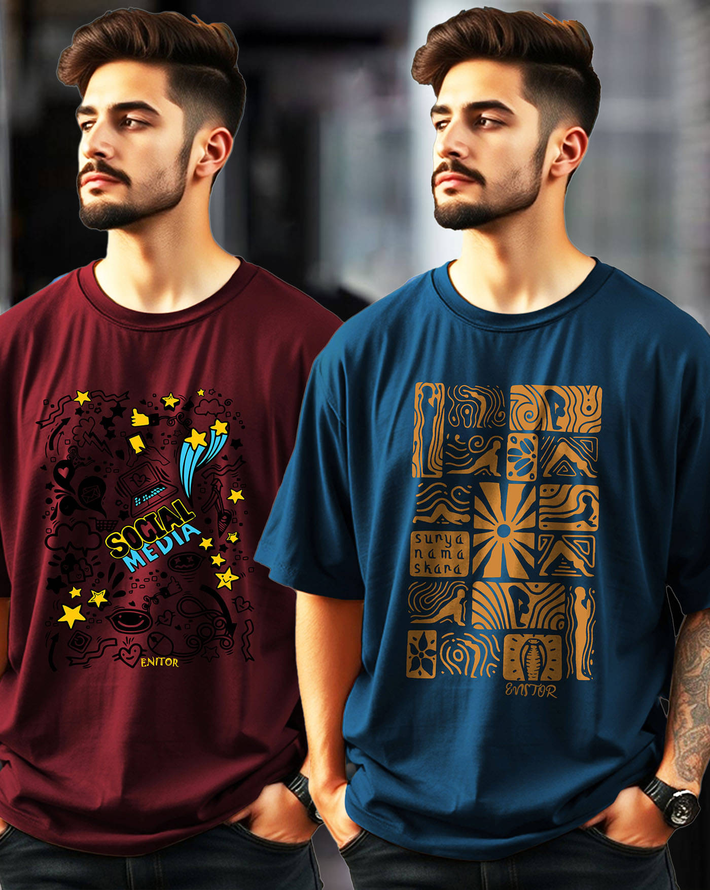     			ENITOR Men Cotton Blend Oversized Fit Printed T-Shirt ( Teal Blue )