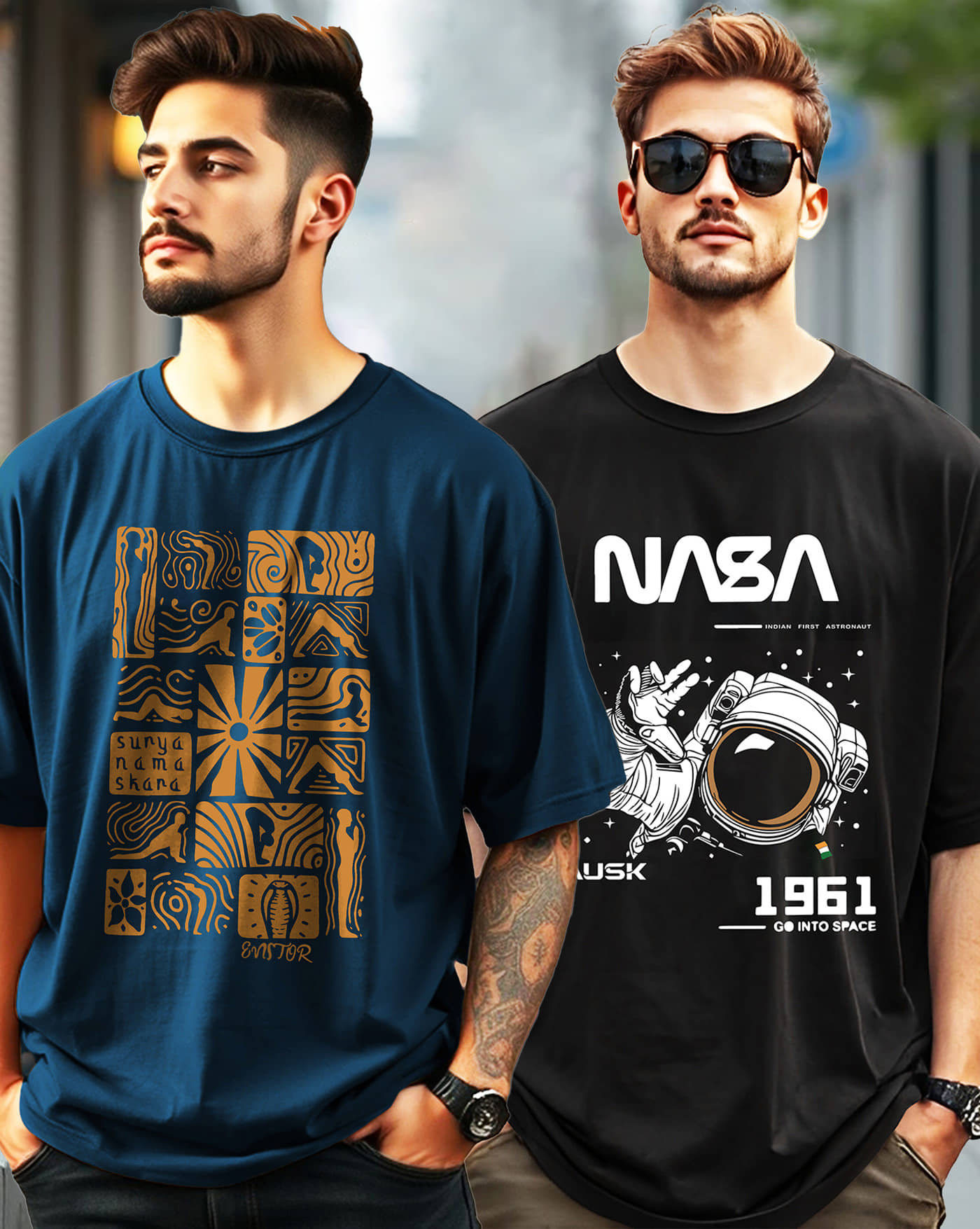 ENITOR Men Cotton Blend Oversized Fit Printed T-Shirt ( Black )