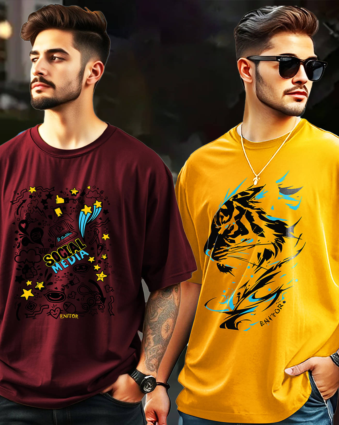 ENITOR Men Cotton Blend Oversized Fit Printed T-Shirt ( Yellow ) ENITOR Men Cotton Blend Oversized Fit Printed T-Shirt ( Yellow )