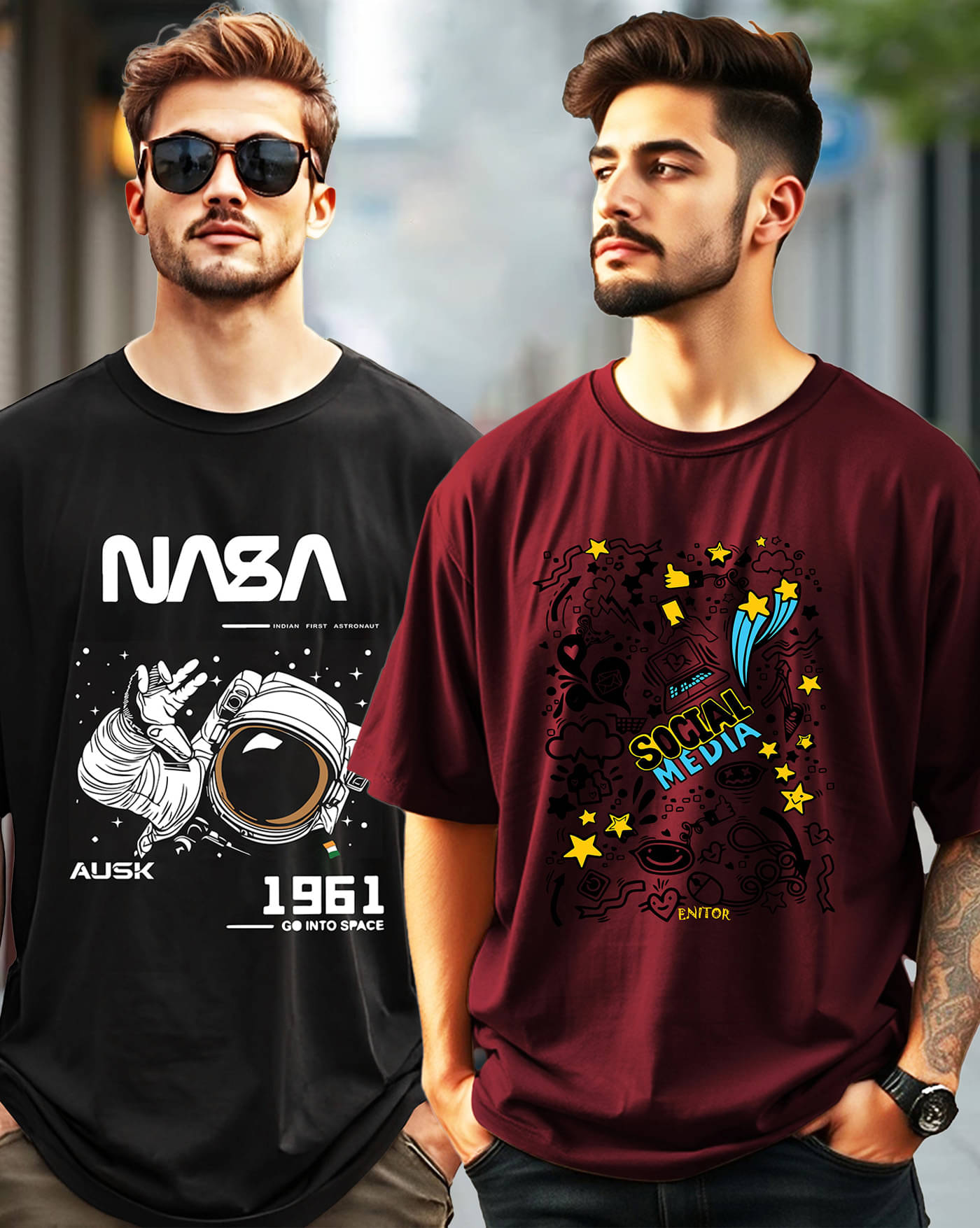 ENITOR Men Cotton Blend Oversized Fit Printed T-Shirt ( Maroon ) ENITOR Men Cotton Blend Oversized Fit Printed T-Shirt ( Maroon )
