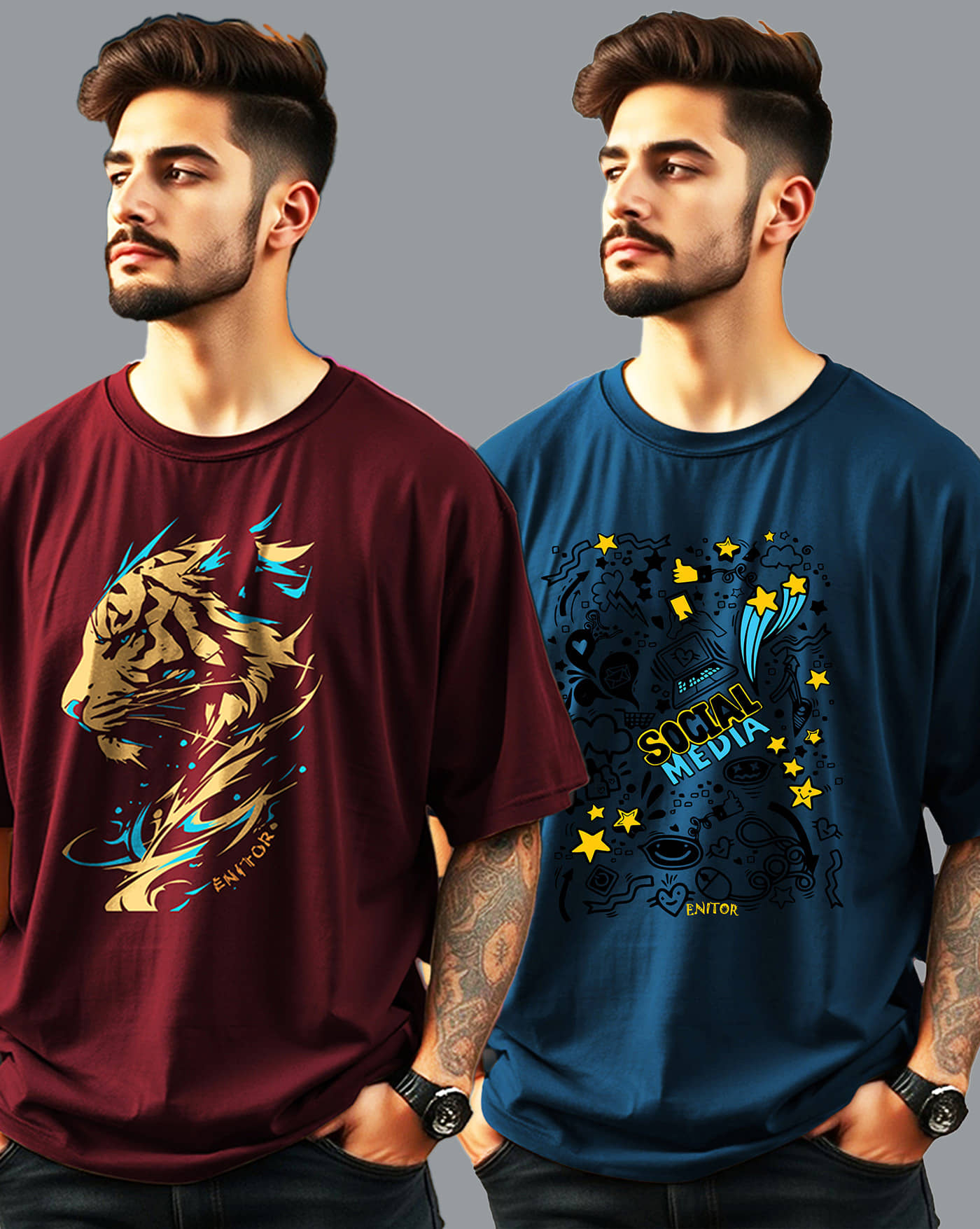 ENITOR Men Cotton Blend Oversized Fit Printed T-Shirt ( Teal Blue )