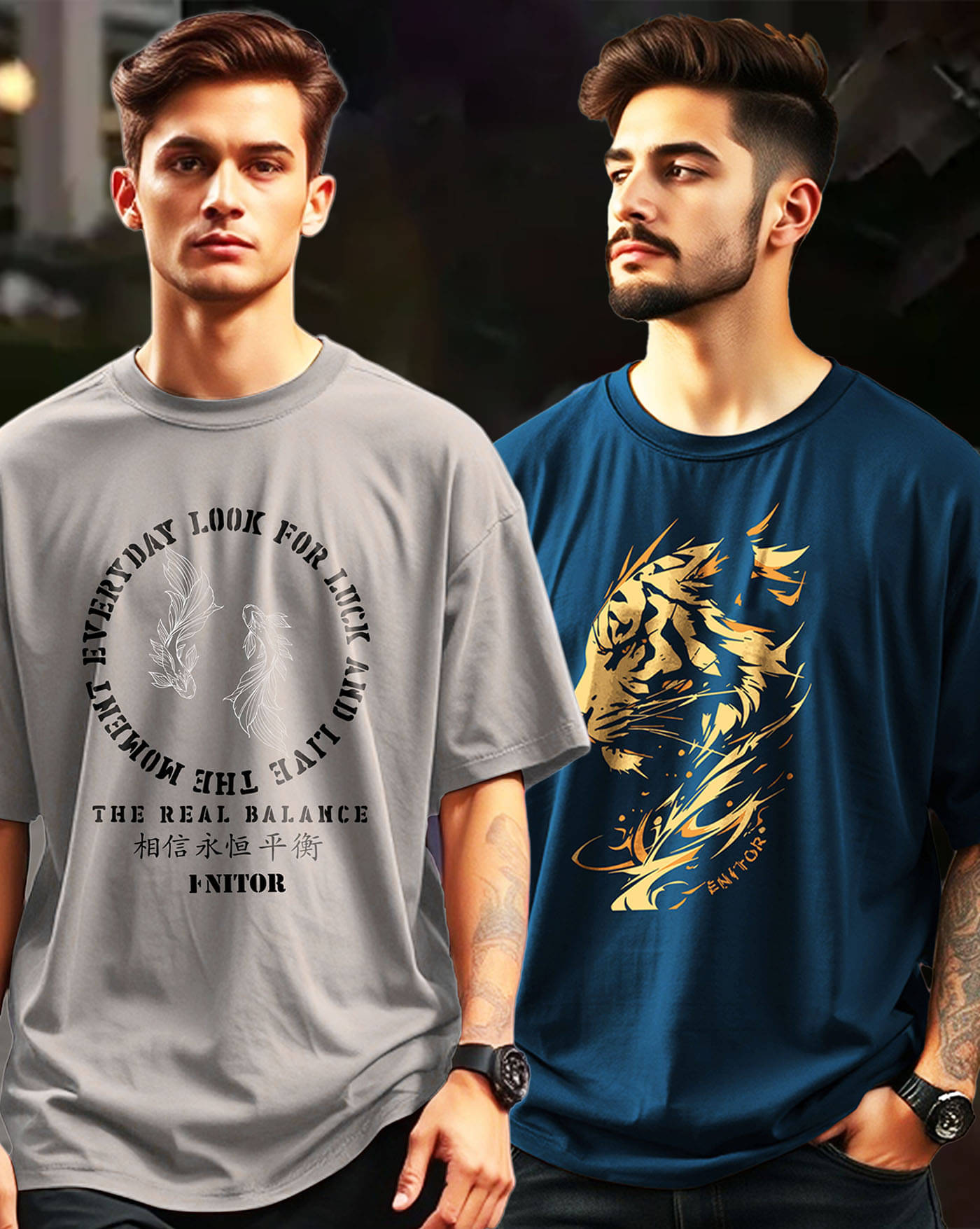 ENITOR Men Cotton Blend Oversized Fit Printed T-Shirt ( Grey ) ENITOR Men Cotton Blend Oversized Fit Printed T-Shirt ( Grey )
