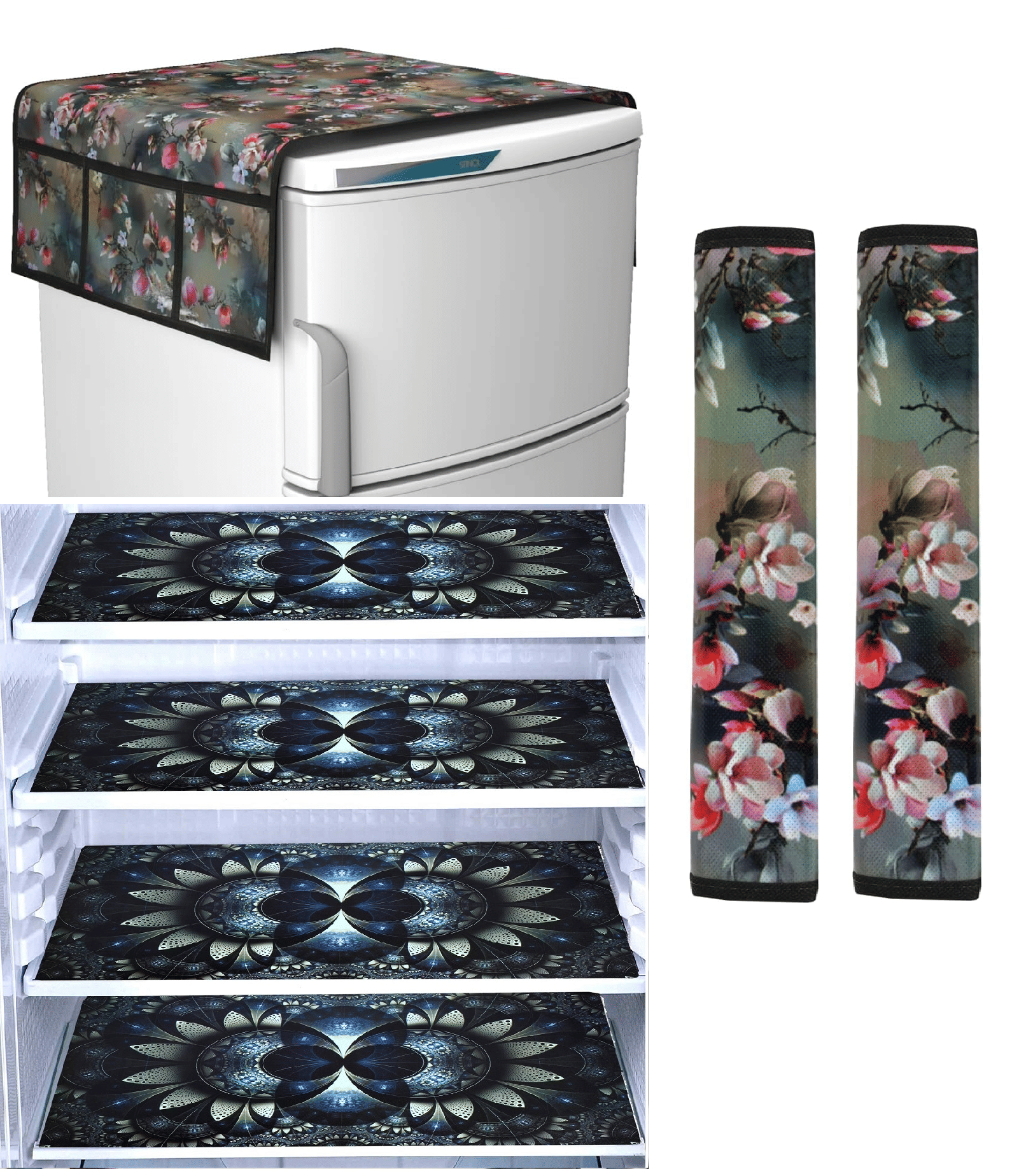 Exopick Polyester Floral Fridge Mat & Cover ( 93 53 ) Pack of 7 - Multicolor