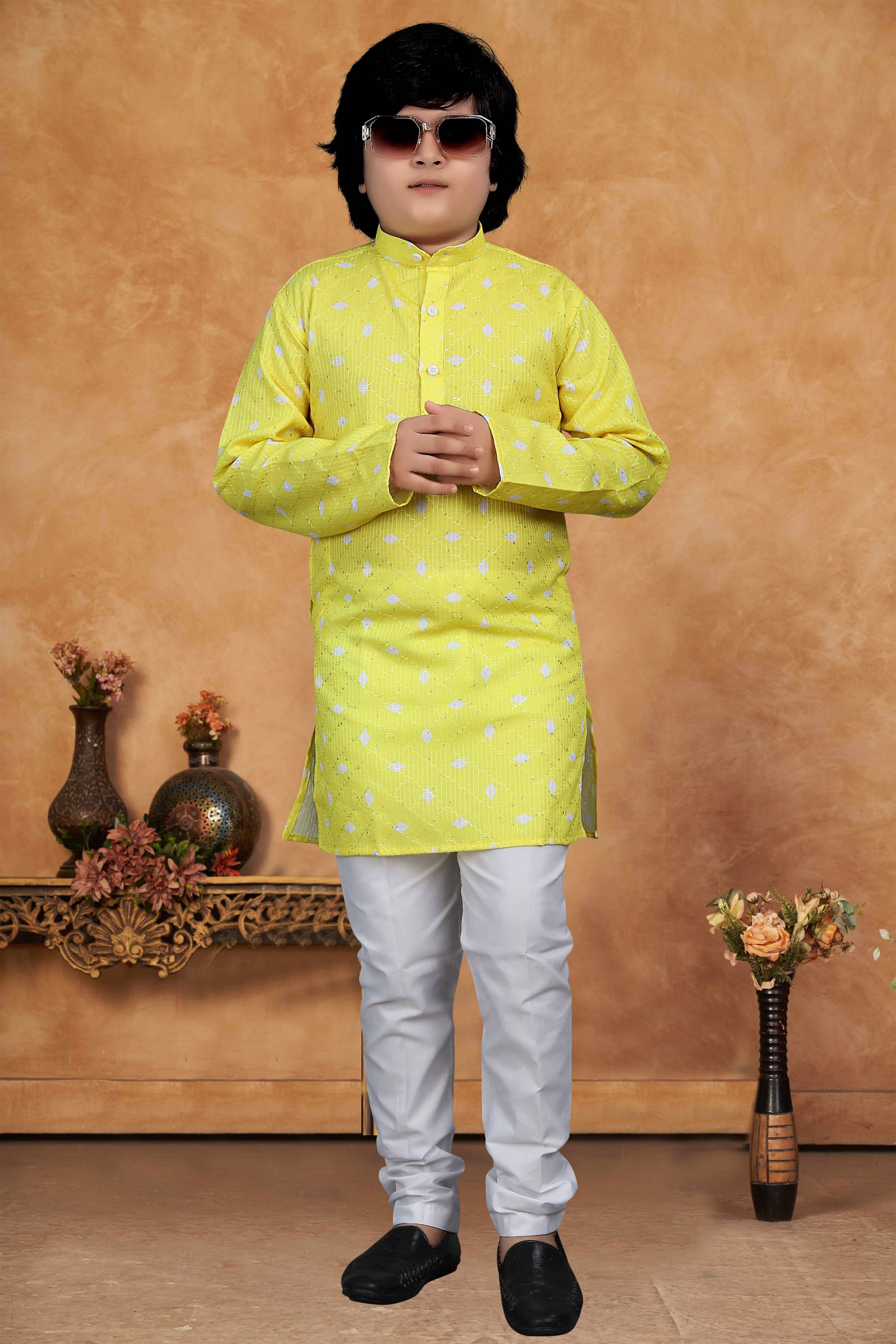     			KC Kunj Creation Boys Cotton Blend Yellow Kurta Pyjama Set ( Pack of 1 )