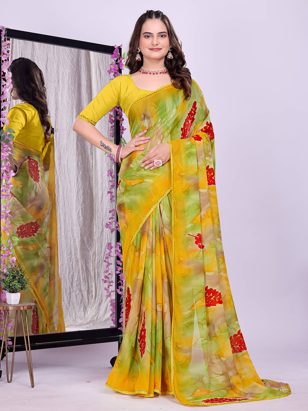 Kanooda Prints Georgette Printed Bandhani Sarees With Unstitched Blouse Piece ( Yellow ) Kanooda Prints Georgette Printed Bandhani Sarees With Unstitched Blouse Piece ( Yellow )