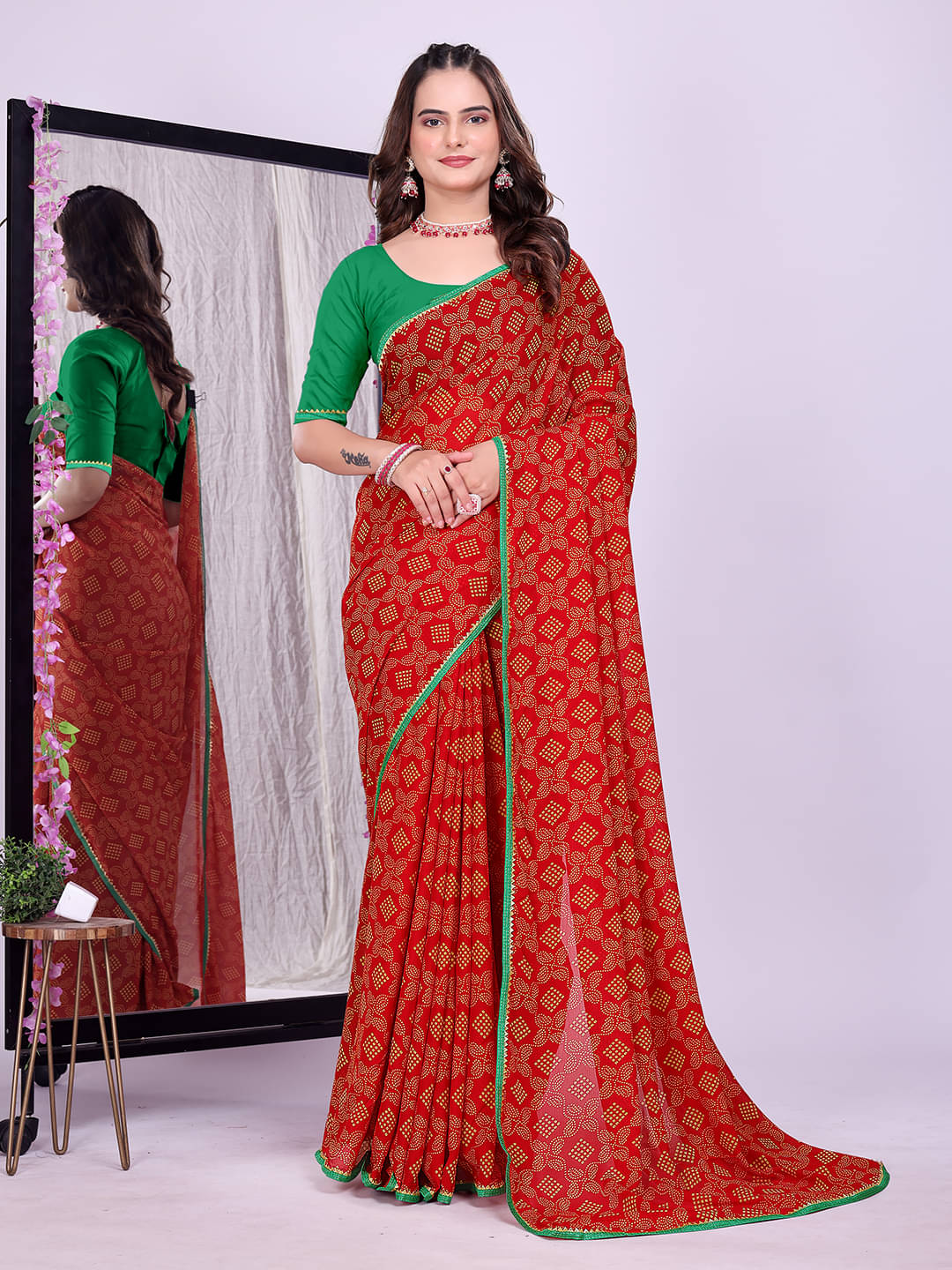     			Kanooda Prints Georgette Printed Bandhani Sarees With Unstitched Blouse Piece ( Red )