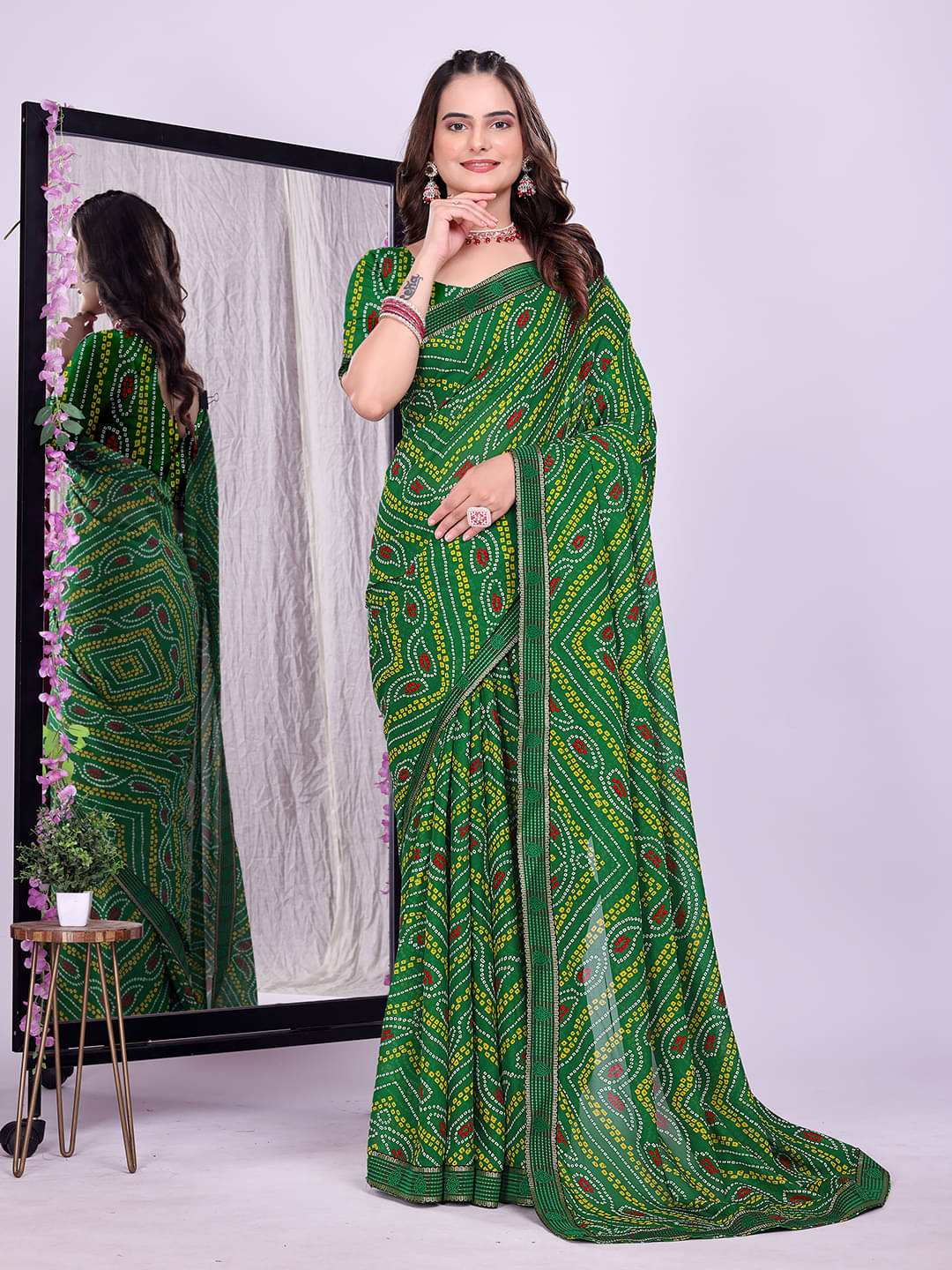     			Kanooda Prints Georgette Printed Bandhani Sarees With Unstitched Blouse Piece ( Green )