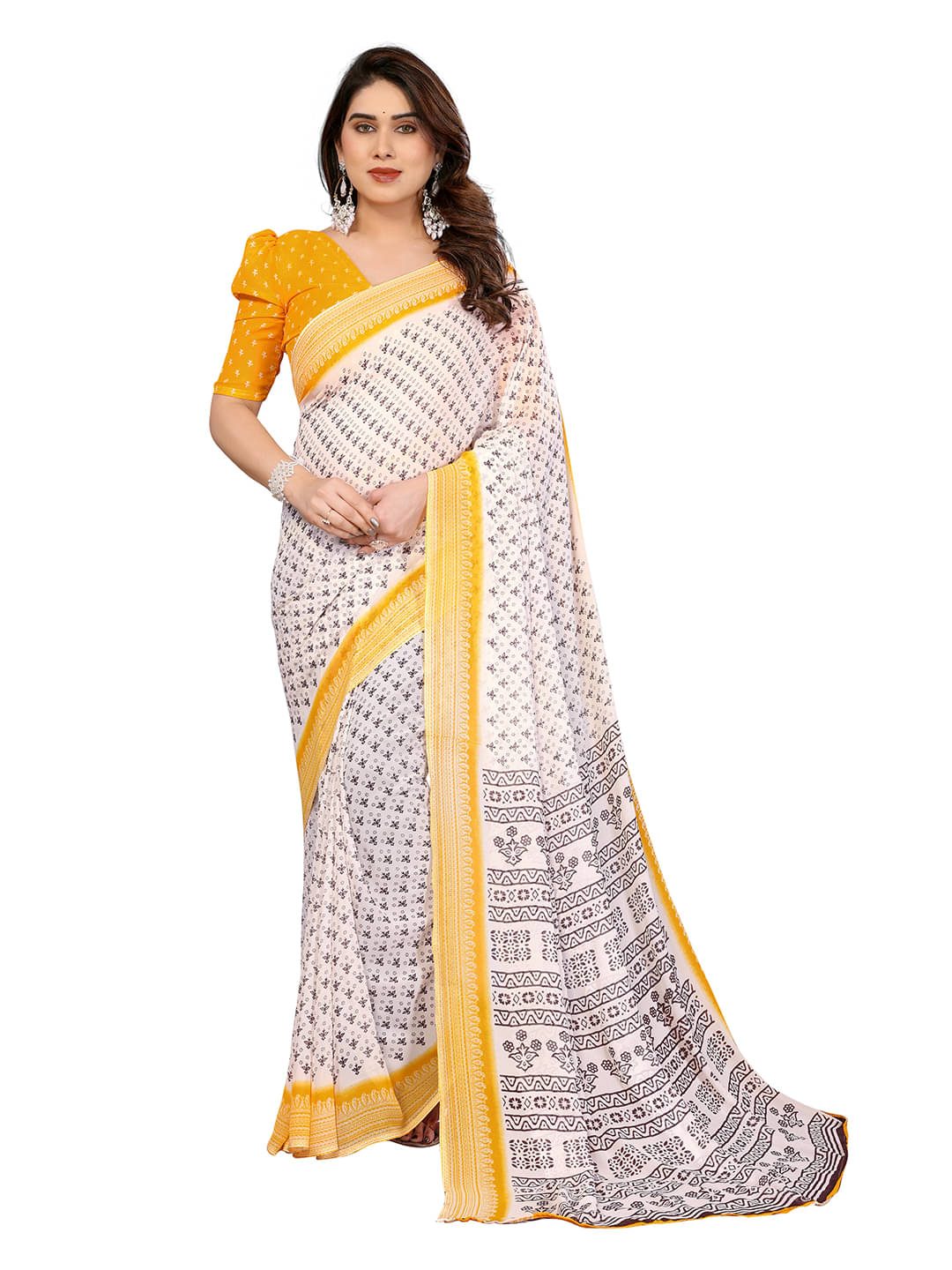 Kashvi Sarees Georgette Printed Ilkal Saree With Unstitched Blouse Piece ( Yellow ) Kashvi Sarees Georgette Printed Ilkal Saree With Unstitched Blouse Piece ( Yellow )
