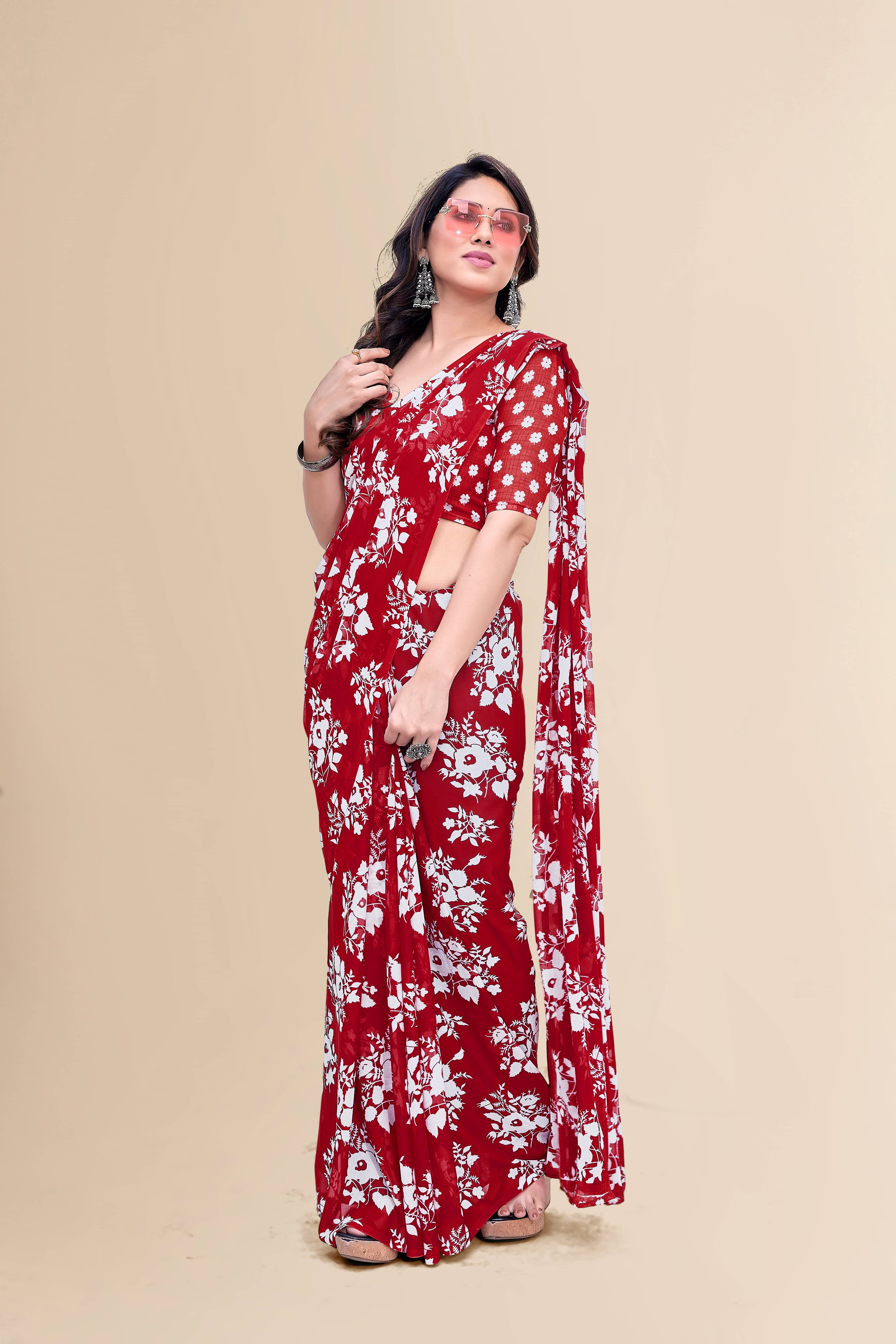     			Kashvi Sarees Georgette Printed Chanderi saree With Unstitched Blouse Piece ( Red )