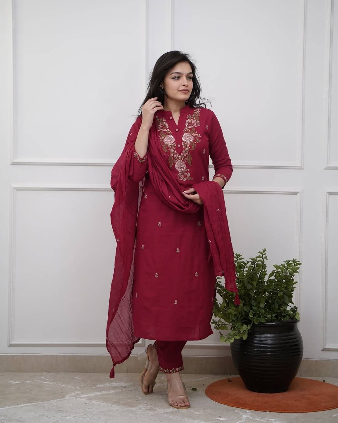 Krisio Women Rayon Embroidered A-line Kurti With Pants ( Maroon ) Krisio Women Rayon Embroidered A-line Kurti With Pants ( Maroon )