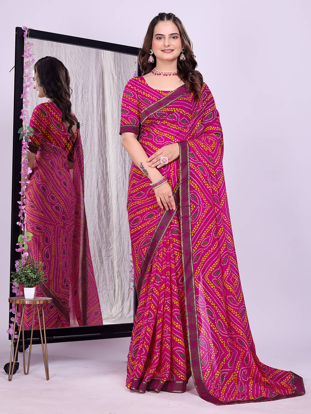 Maayro Georgette Printed Bandhani Sarees With Unstitched Blouse Piece ( Pink ) Maayro Georgette Printed Bandhani Sarees With Unstitched Blouse Piece ( Pink )