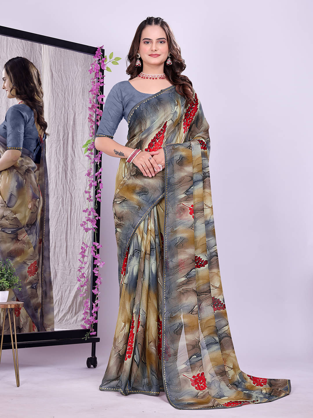 Maayro Georgette Printed Bandhani Sarees With Unstitched Blouse Piece ( Grey ) Maayro Georgette Printed Bandhani Sarees With Unstitched Blouse Piece ( Grey )