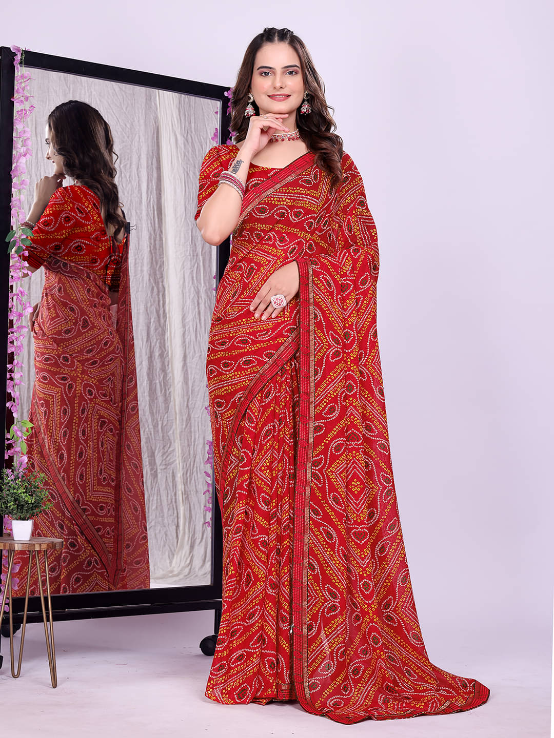     			Maayro Georgette Printed Bandhani Sarees With Unstitched Blouse Piece ( Red )