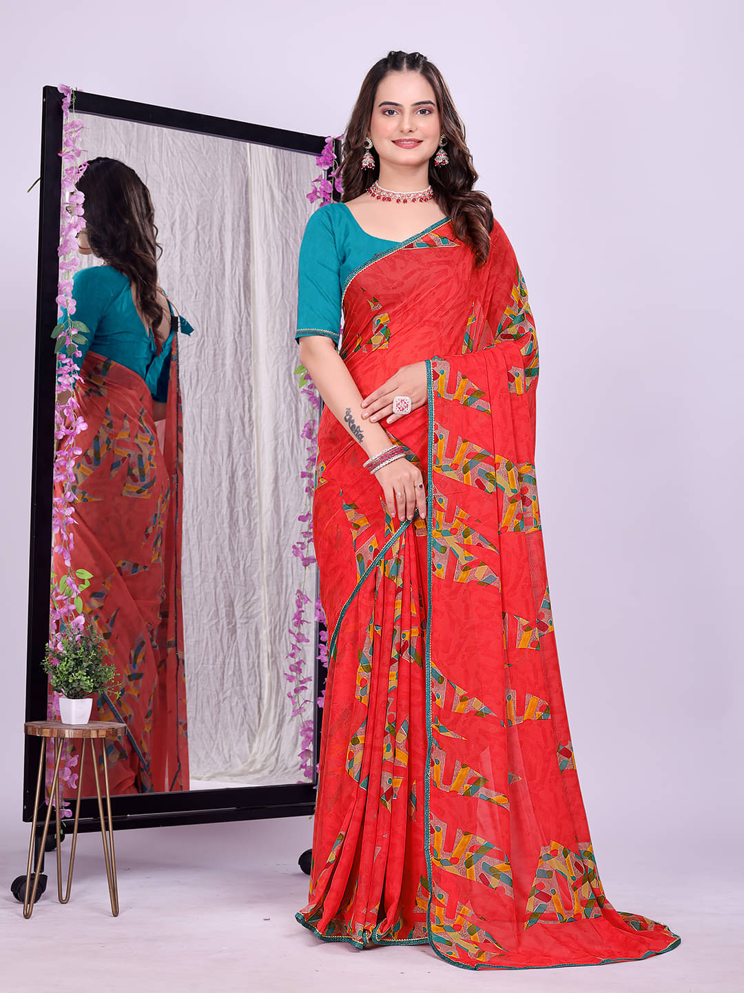 Maayro Georgette Printed Bandhani Sarees With Unstitched Blouse Piece ( Peach ) Maayro Georgette Printed Bandhani Sarees With Unstitched Blouse Piece ( Peach )