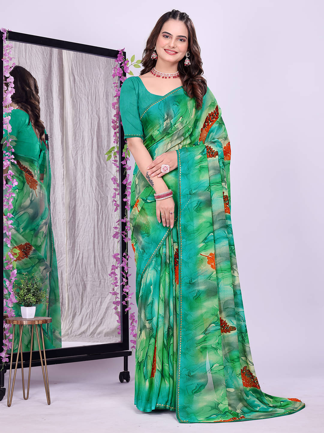    			Maayro Georgette Printed Bandhani Sarees With Unstitched Blouse Piece ( Green )