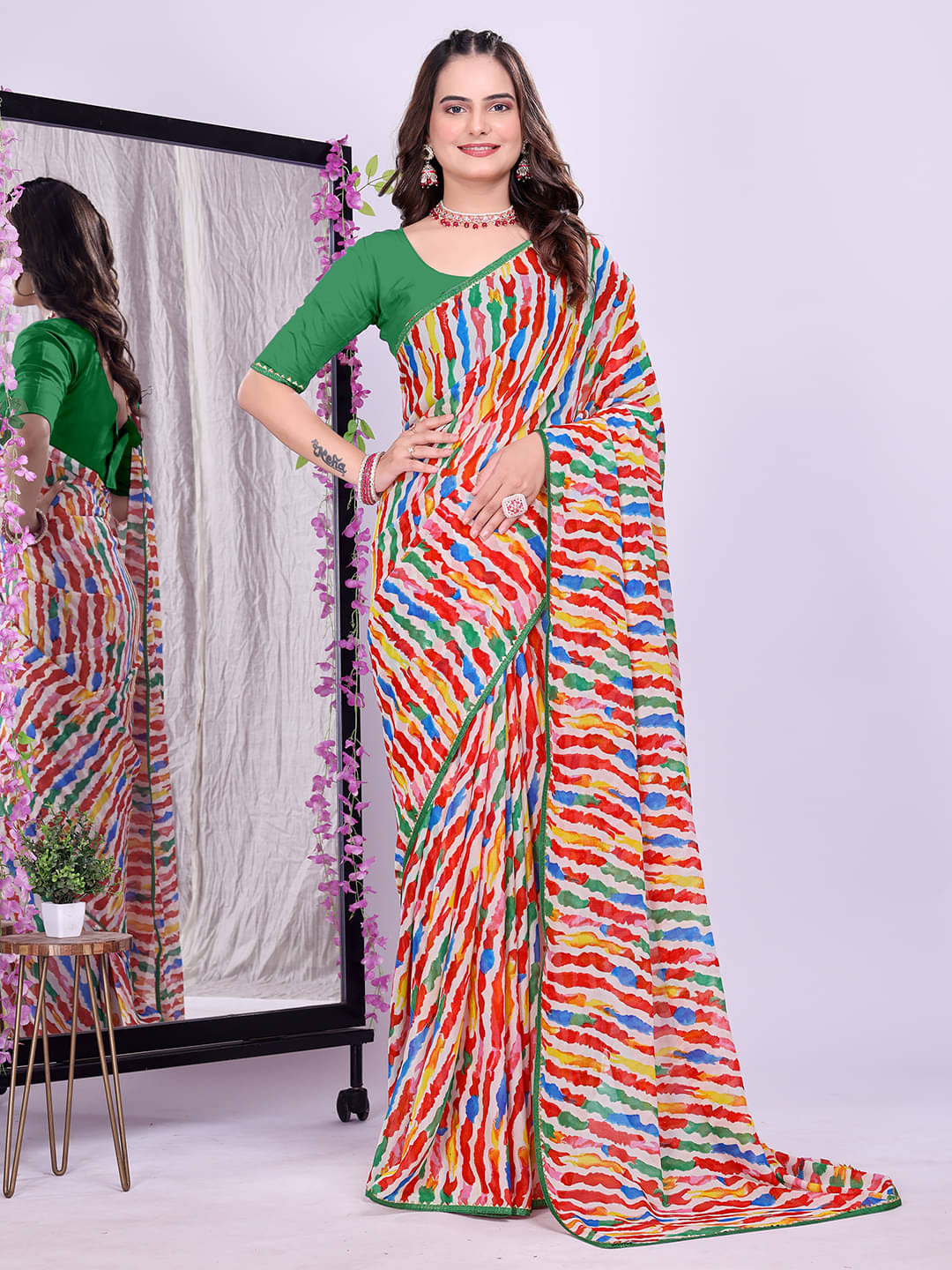 Maayro Georgette Printed Bandhani Sarees With Unstitched Blouse Piece ( Multicolor ) Maayro Georgette Printed Bandhani Sarees With Unstitched Blouse Piece ( Multicolor )