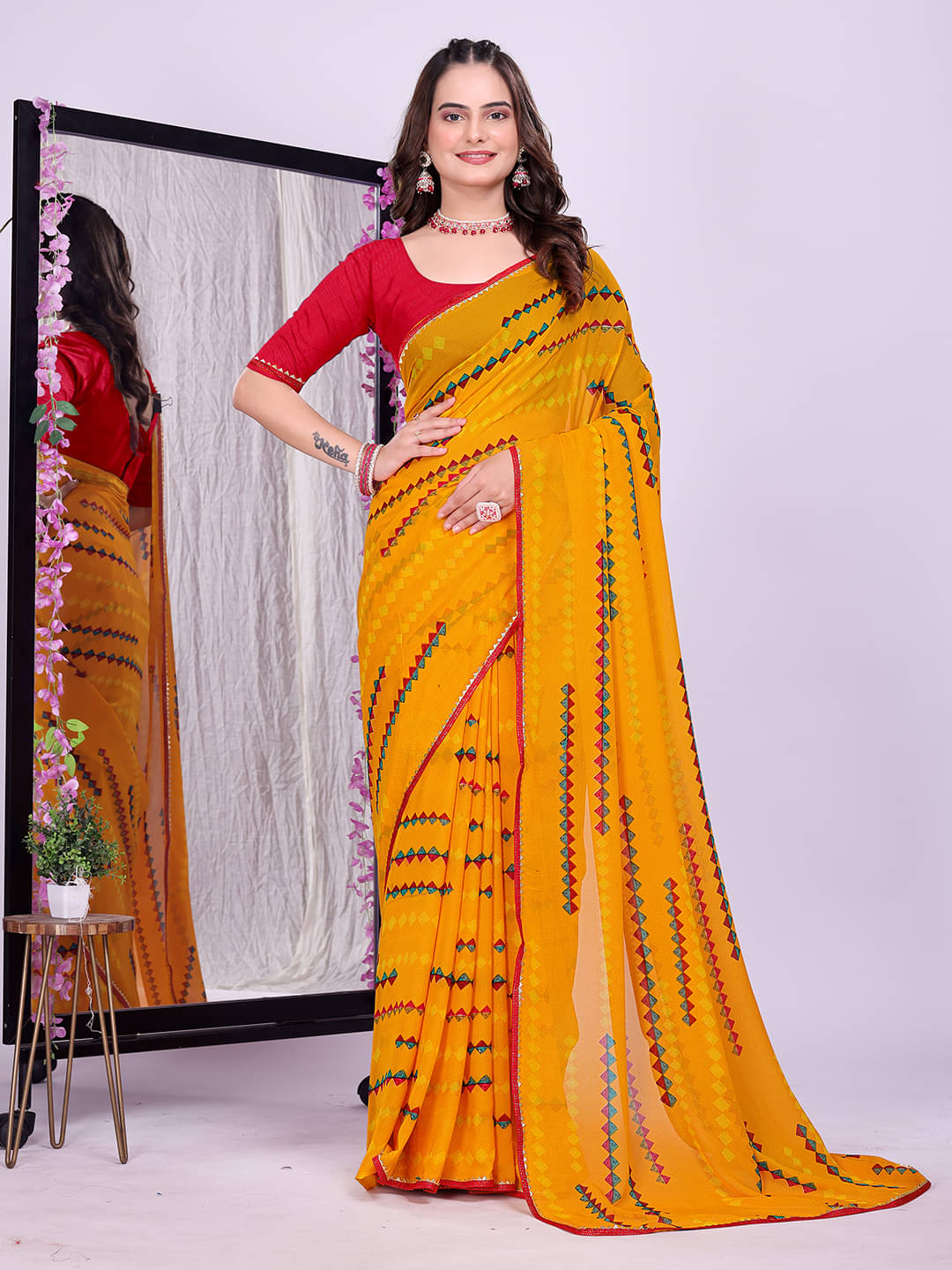     			Maayro Georgette Printed Bandhani Sarees With Unstitched Blouse Piece ( Mustard )