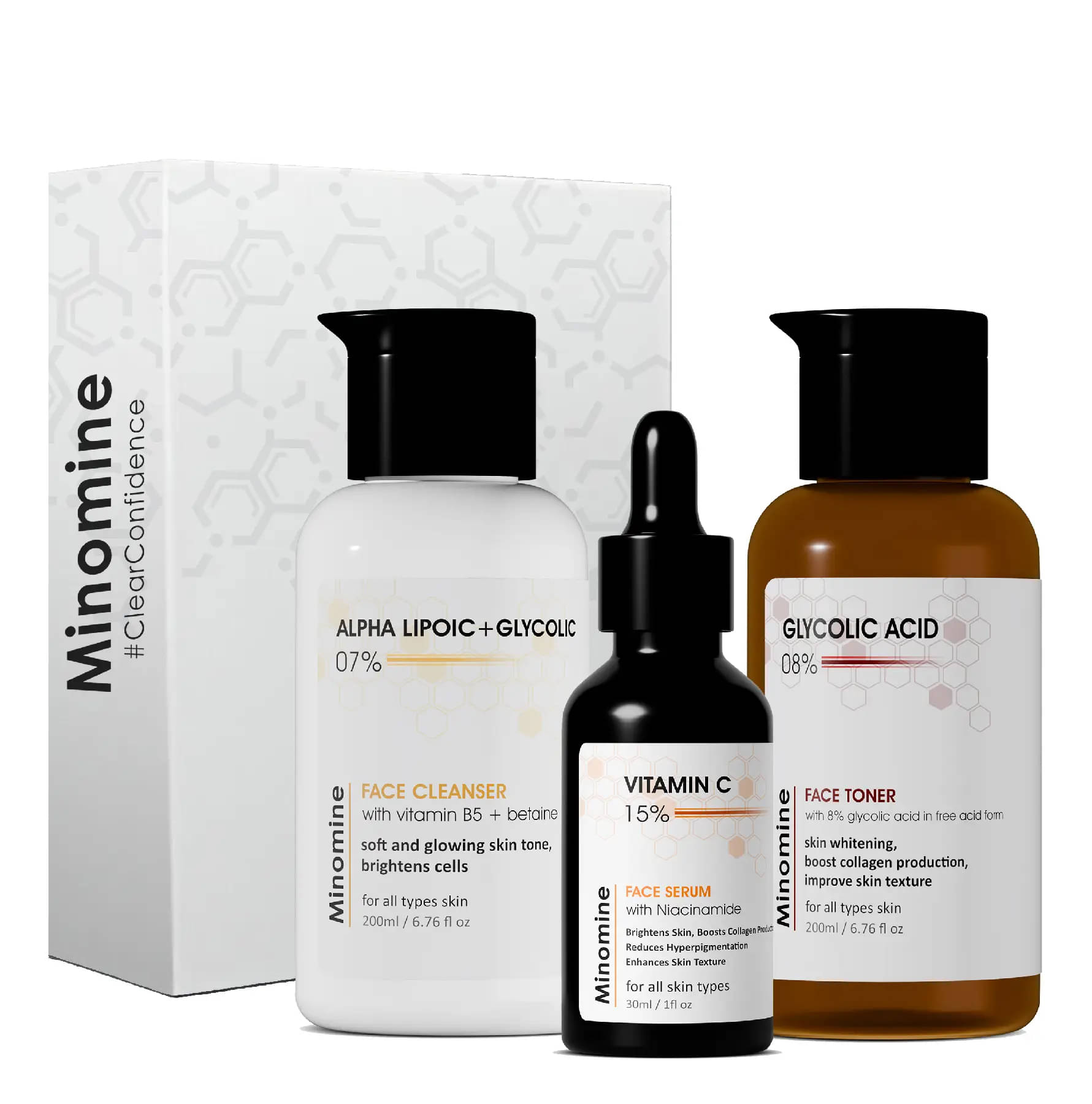 Minomine Skincare Routine Kit for Unisex | Brightening & Hydrating | Formulated Whitening Skin , Improve Skin Texture & Boosts Collagen Production | Face Serum, Cleanser, Toner | 430ml Minomine Skincare Routine Kit for Unisex | Brightening & Hydrating | Formulated Whitening Skin , Improve Skin Texture & Boosts Collagen Production | Face Serum, Cleanser, Toner | 430ml