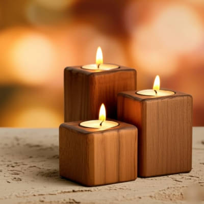     			Mizan art Brown Table Top Wood Tea Light Holder - Pack of 3