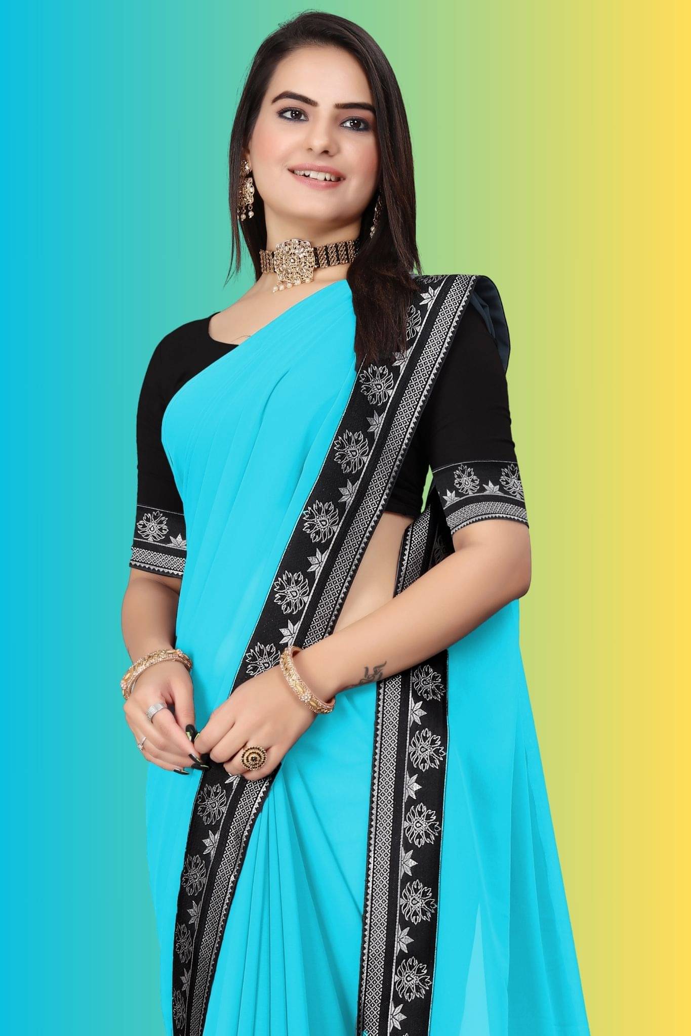     			OM SAI CREATION Georgette Woven Saree With Unstitched Blouse Piece ( Sky Blue )