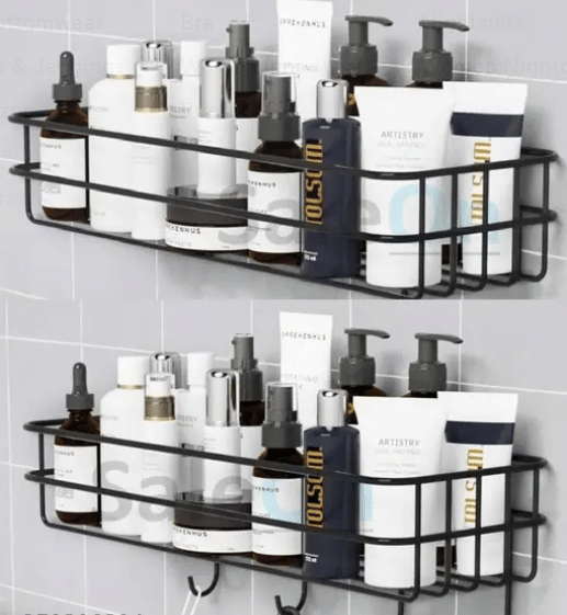     			(PACK OF 2) Steel Self-Adhesive Multipurpose Bathroom Shelf with Hooks/Towel Holder/Rack/Bathroom Accessories-Wall Mount - Pack of 2 (Black,Powder Coated)