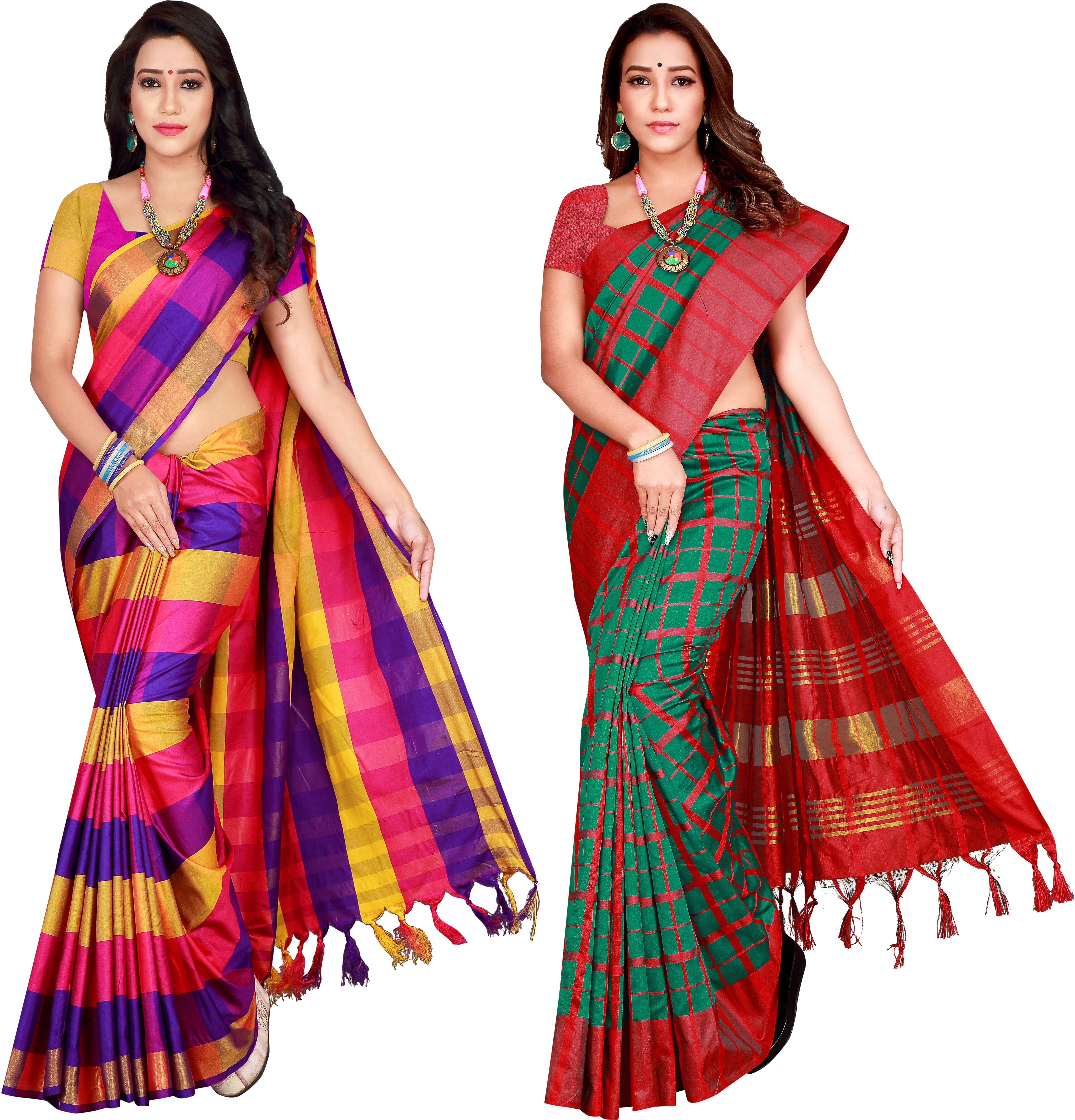     			Priyansh Creation Cotton Silk Colorblock Saree With Unstitched Blouse Piece ( Multicolor )
