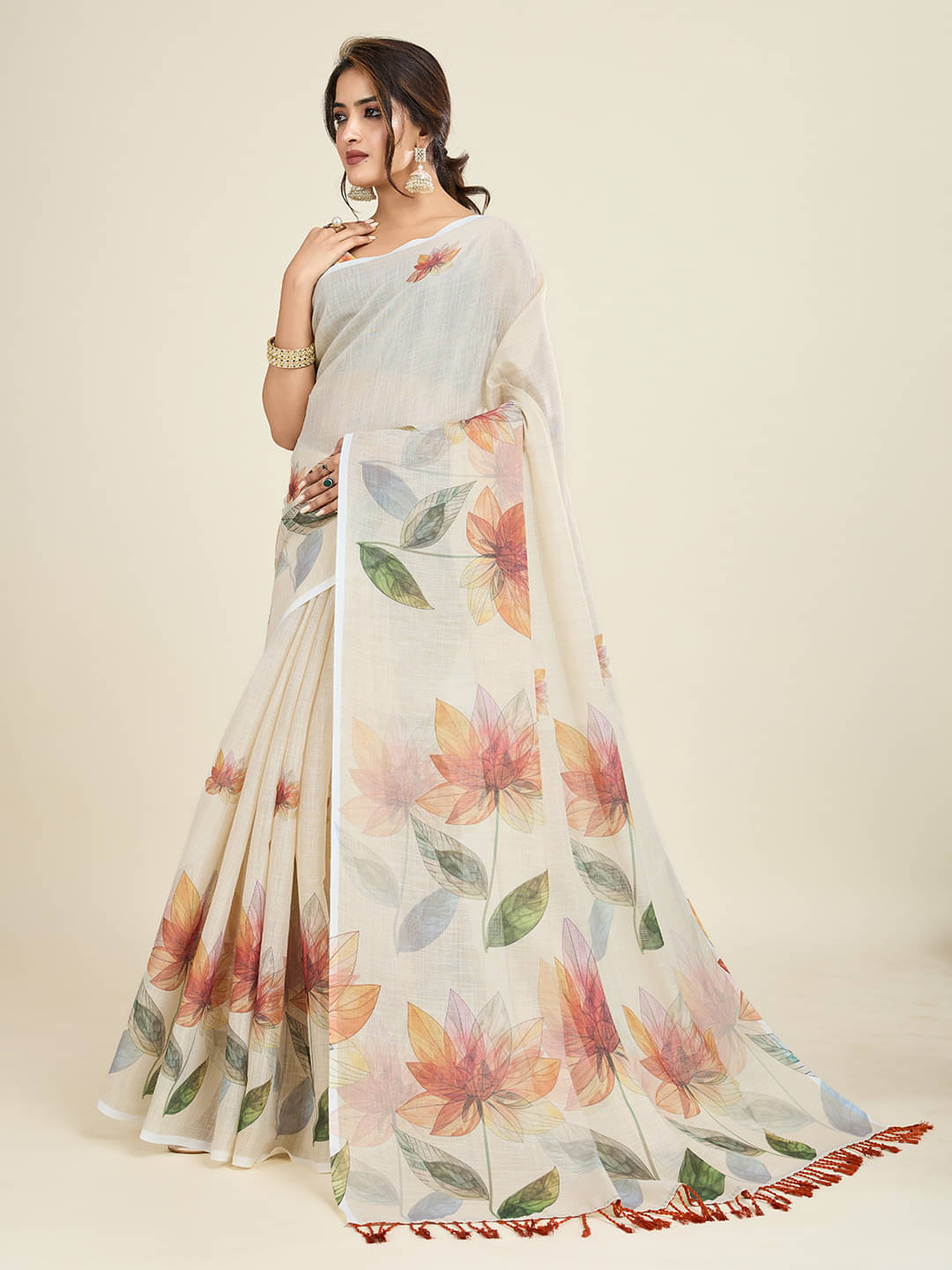 SHANVIKA Cotton Blend Printed Saree With Unstitched Blouse Piece ( Beige ) SHANVIKA Cotton Blend Printed Saree With Unstitched Blouse Piece ( Beige )