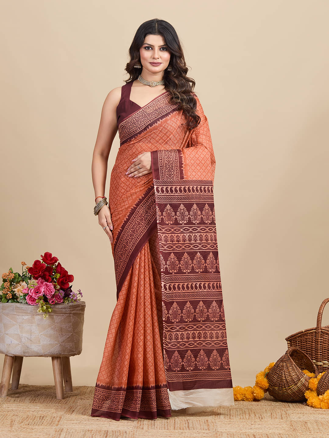 SHANVIKA Cotton Printed Saree Without Blouse Piece ( Orange ) SHANVIKA Cotton Printed Saree Without Blouse Piece ( Orange )