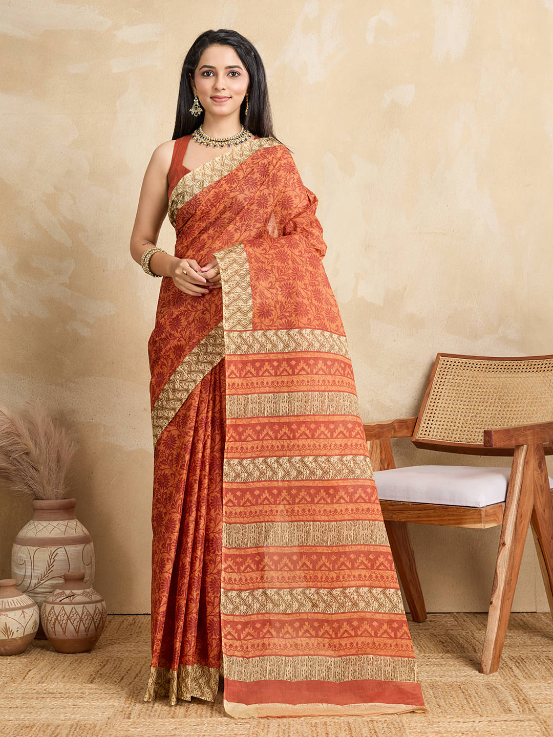     			SHANVIKA Cotton Printed Saree Without Blouse Piece ( Rust )