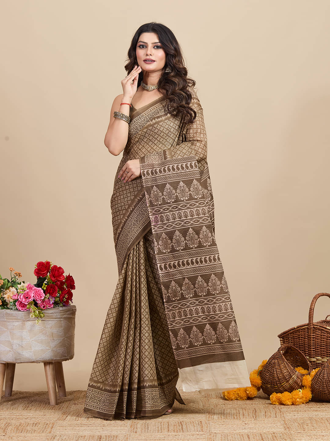     			SHANVIKA Cotton Printed Saree Without Blouse Piece ( Brown )