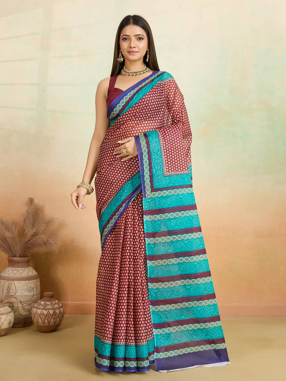     			SHANVIKA Cotton Printed Saree Without Blouse Piece ( Maroon )