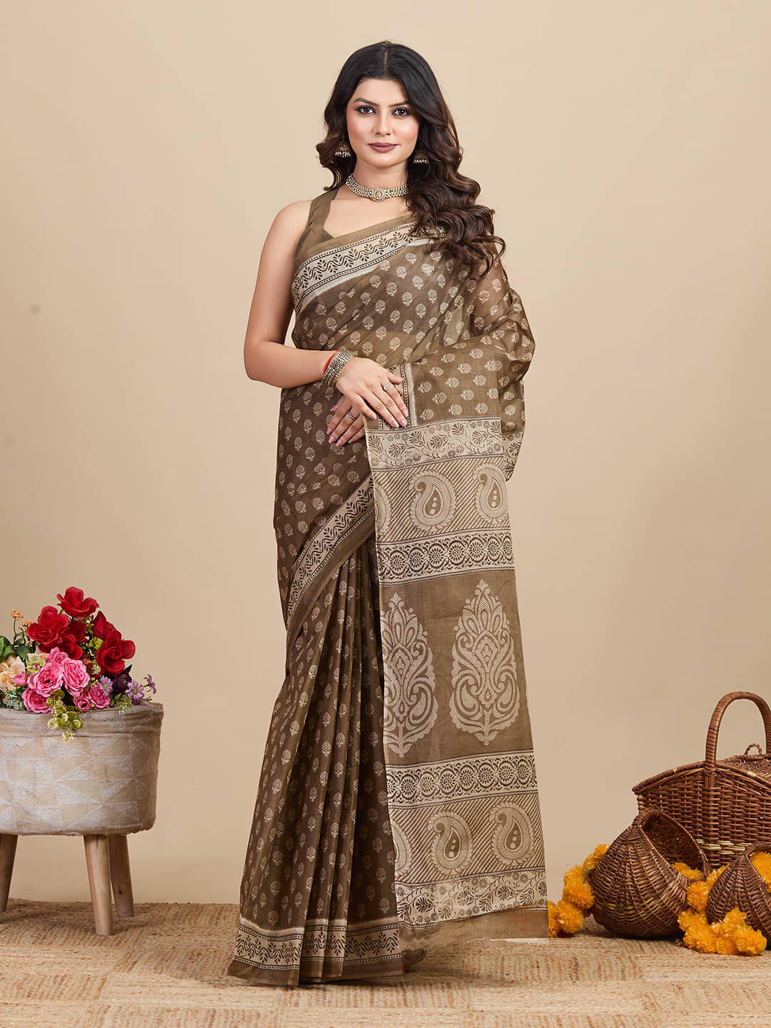 SHANVIKA Cotton Printed Saree Without Blouse Piece ( Brown ) SHANVIKA Cotton Printed Saree Without Blouse Piece ( Brown )