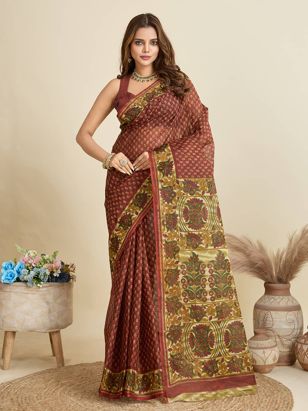 SHANVIKA Cotton Printed Saree Without Blouse Piece ( Rust )     			SHANVIKA Cotton Printed Saree Without Blouse Piece ( Rust )