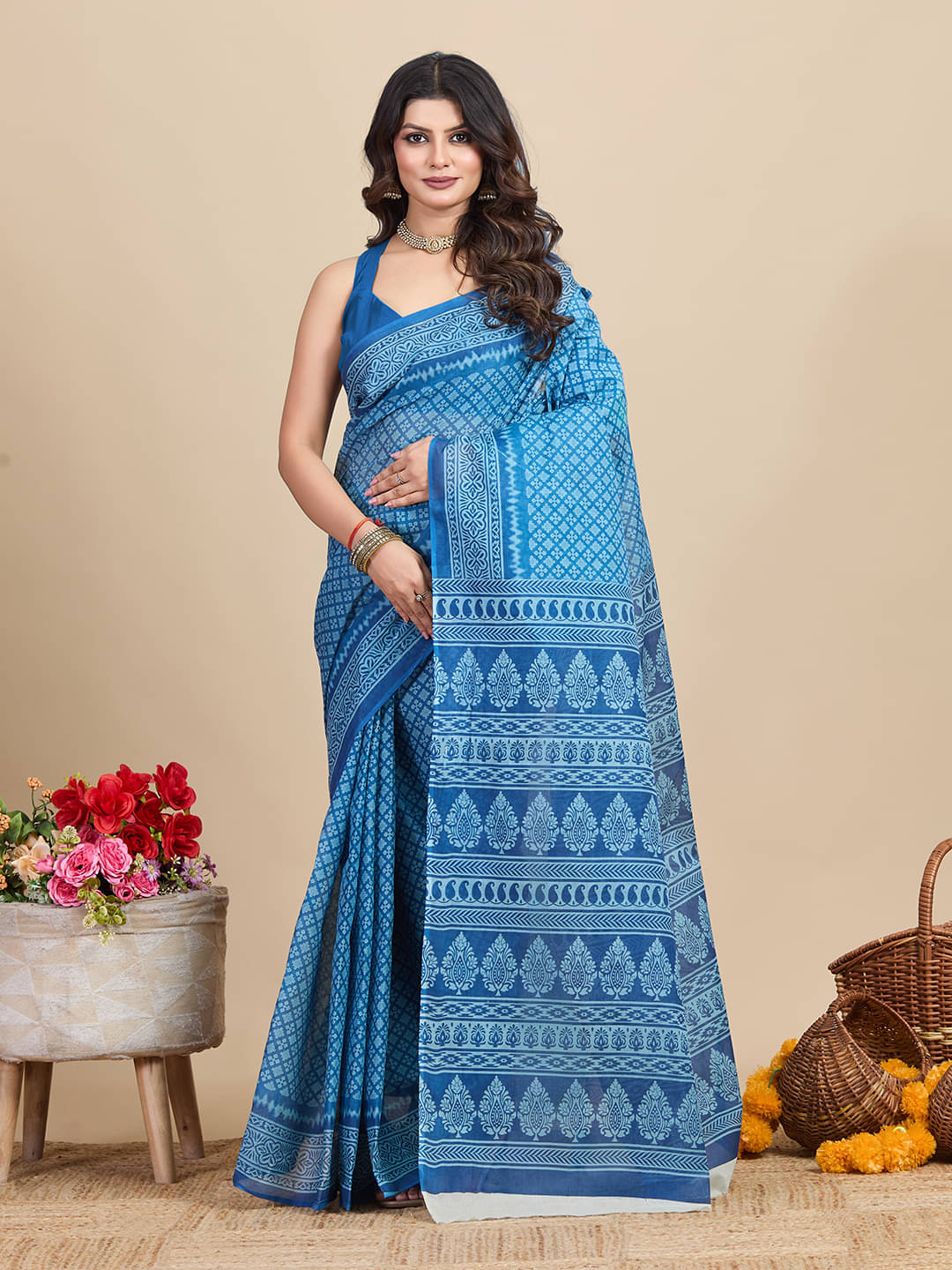SHANVIKA Cotton Printed Saree Without Blouse Piece ( Blue ) SHANVIKA Cotton Printed Saree Without Blouse Piece ( Blue )