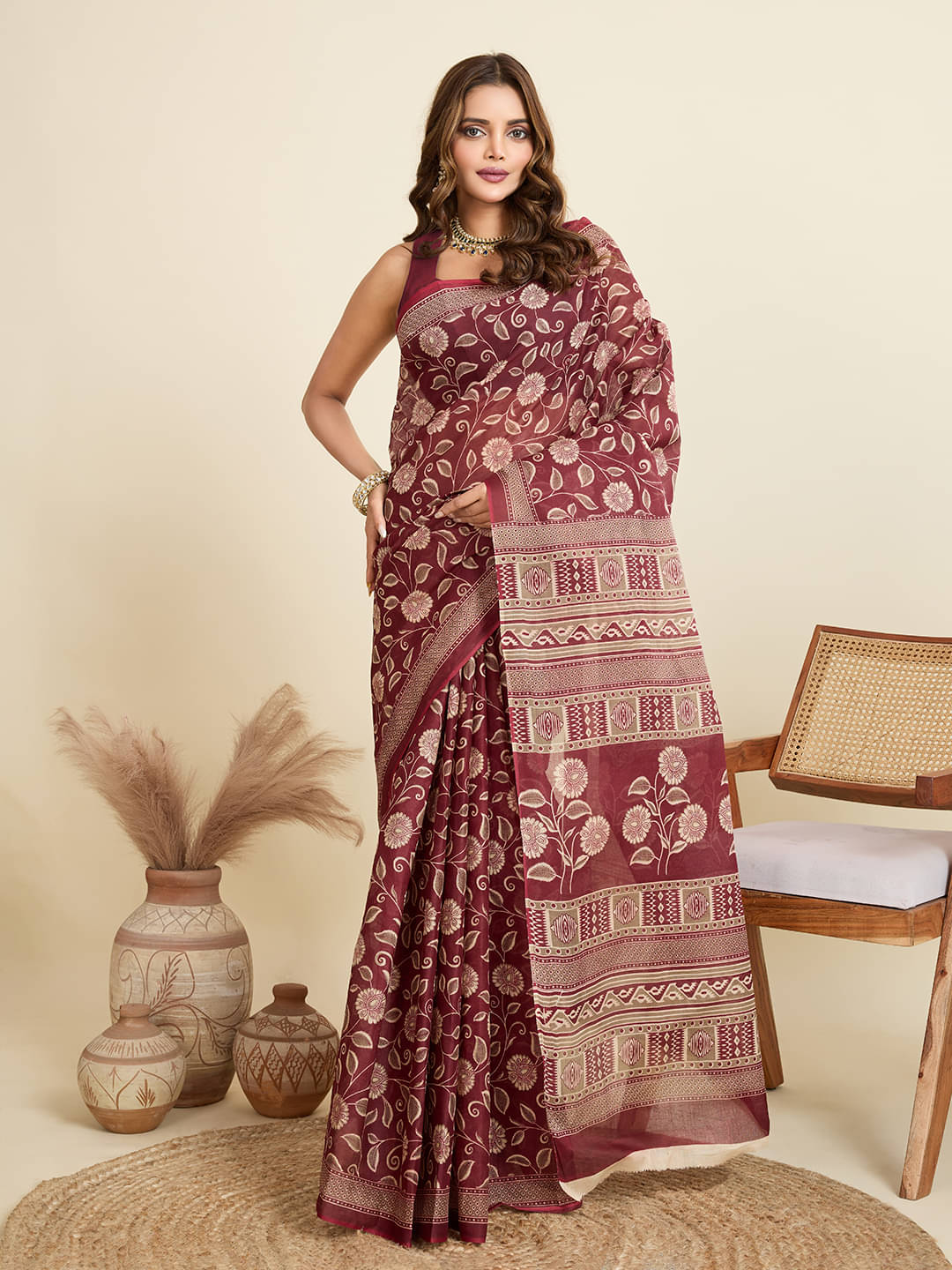 SHANVIKA Cotton Printed Saree Without Blouse Piece ( Maroon ) SHANVIKA Cotton Printed Saree Without Blouse Piece ( Maroon )