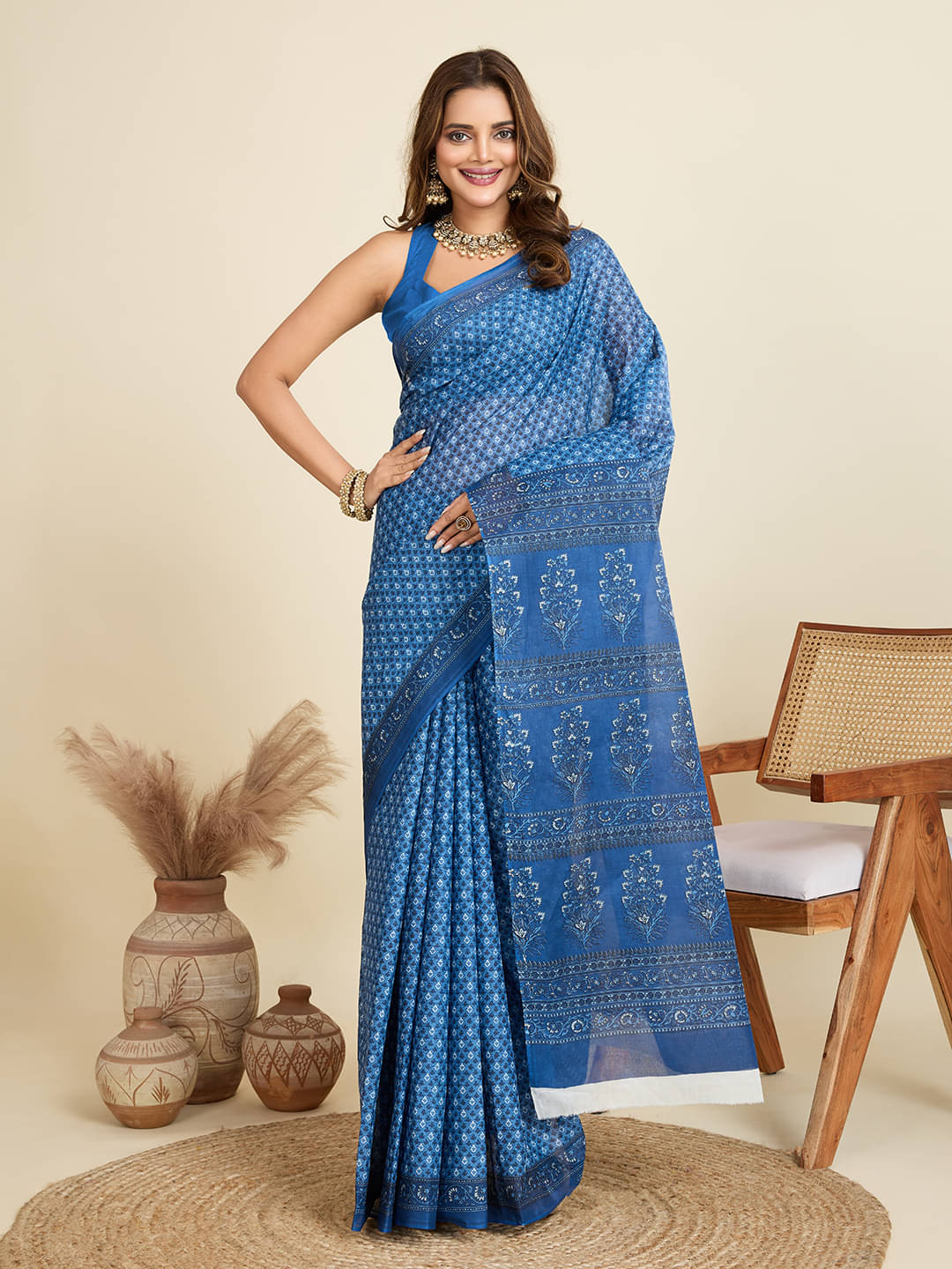 SHANVIKA Cotton Printed Saree Without Blouse Piece ( Blue ) SHANVIKA Cotton Printed Saree Without Blouse Piece ( Blue )