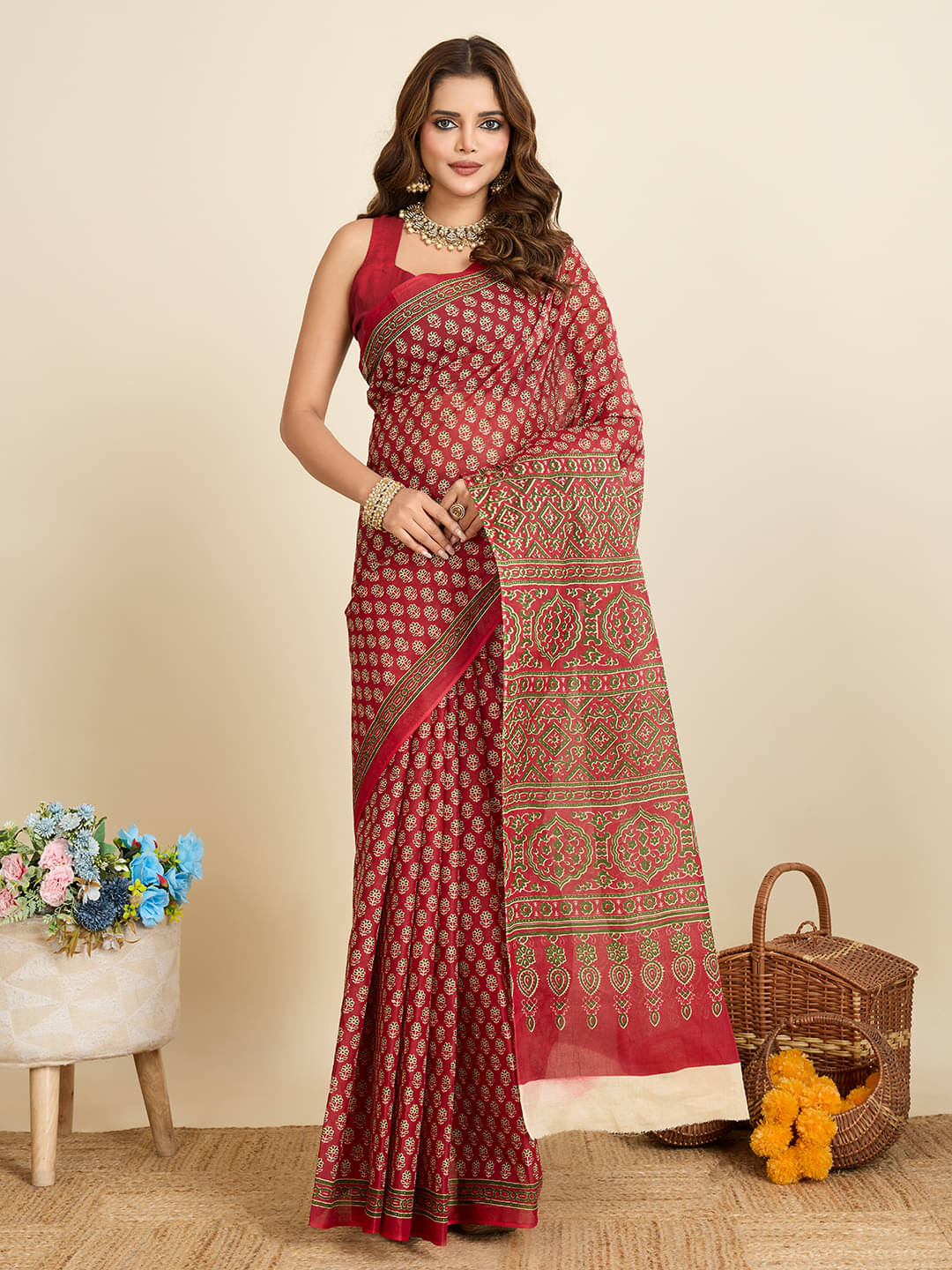 SHANVIKA Cotton Printed Saree Without Blouse Piece ( Red ) SHANVIKA Cotton Printed Saree Without Blouse Piece ( Red )
