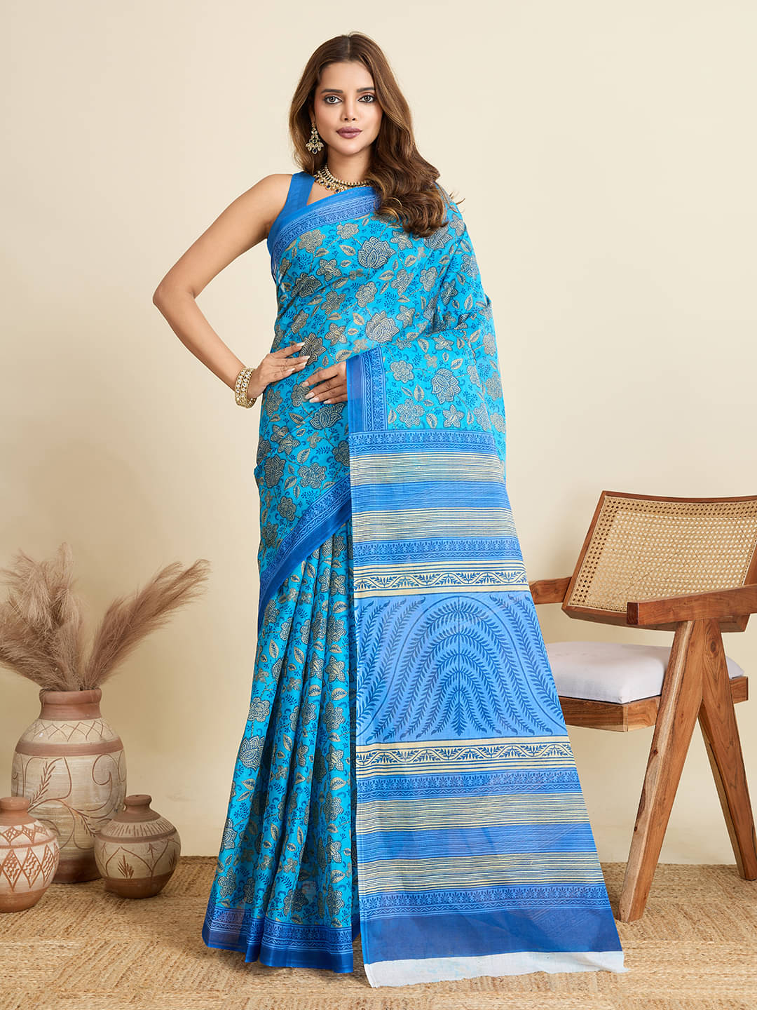 SHANVIKA Cotton Printed Saree Without Blouse Piece ( Blue ) SHANVIKA Cotton Printed Saree Without Blouse Piece ( Blue )
