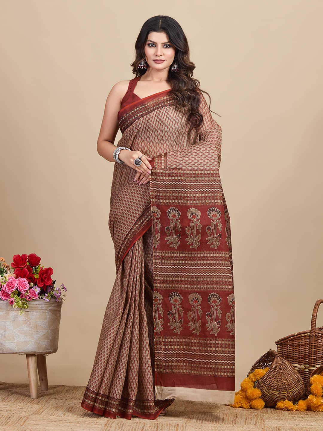 SHANVIKA Cotton Printed Saree Without Blouse Piece ( Brown ) SHANVIKA Cotton Printed Saree Without Blouse Piece ( Brown )