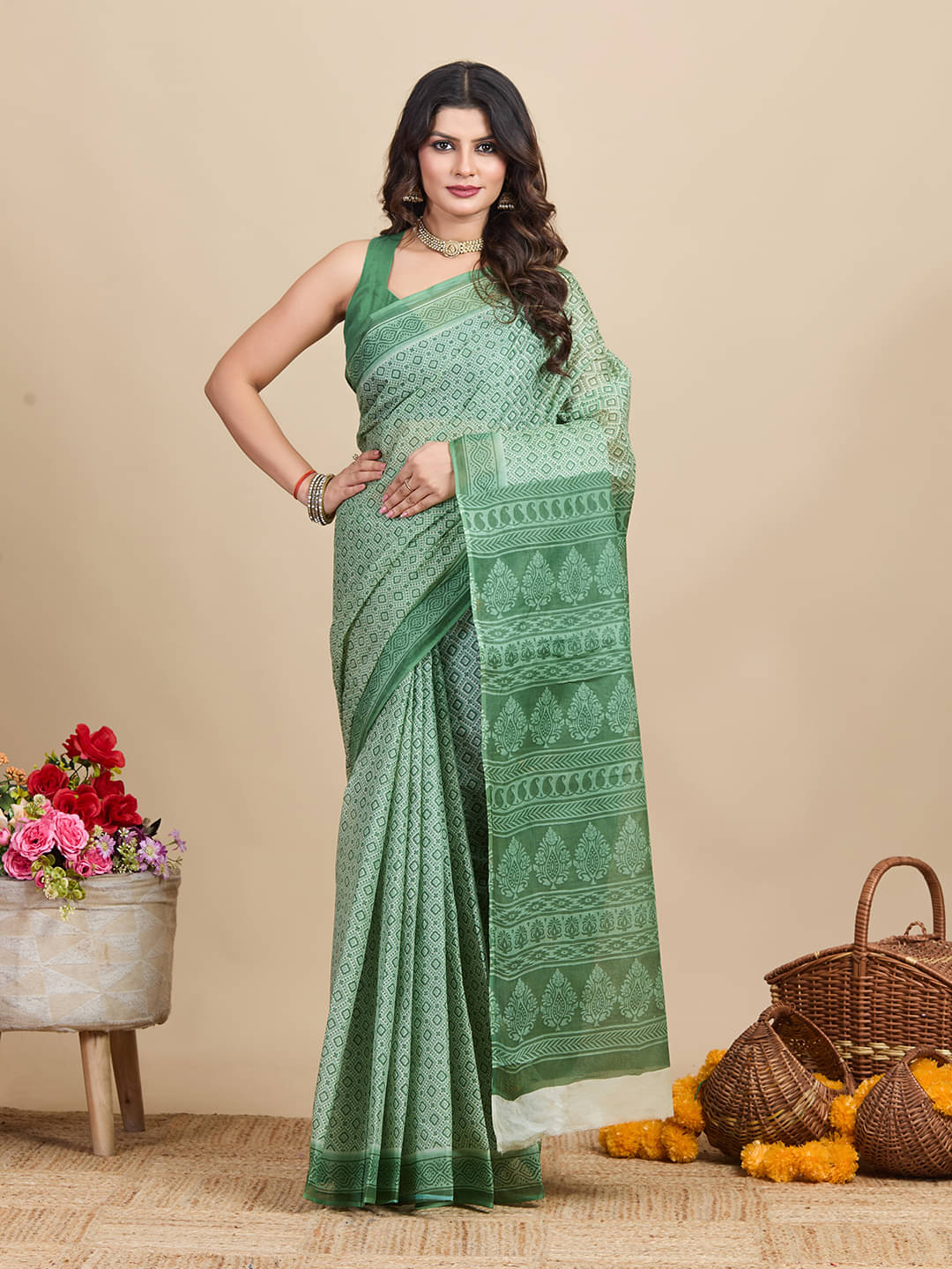     			SHANVIKA Cotton Printed Saree Without Blouse Piece ( Green )