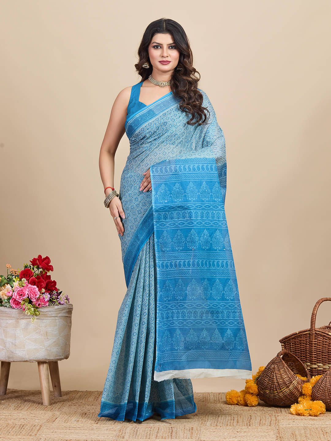 SHANVIKA Cotton Printed Saree Without Blouse Piece ( Blue ) SHANVIKA Cotton Printed Saree Without Blouse Piece ( Blue )