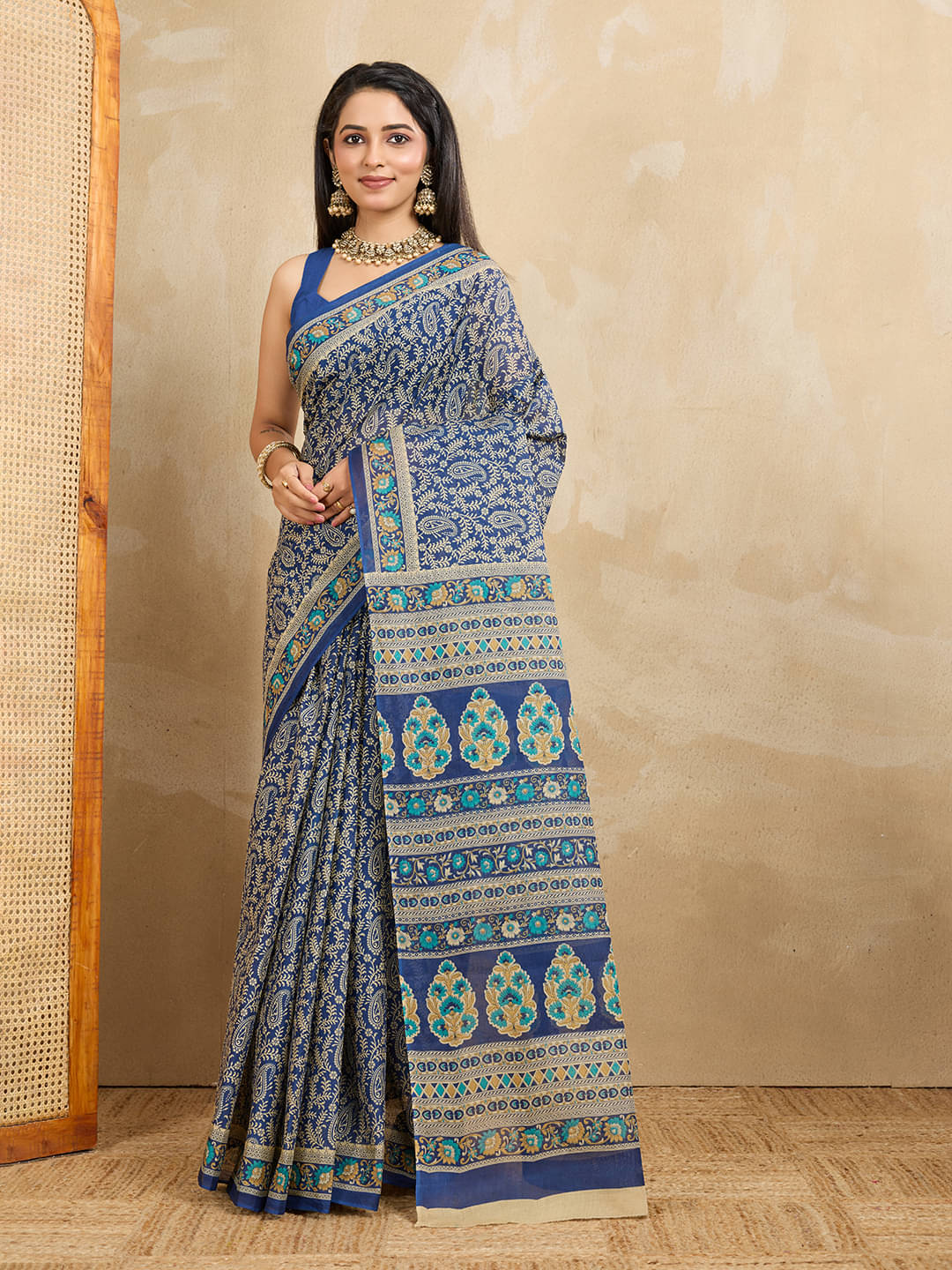     			SHANVIKA Cotton Printed Saree Without Blouse Piece ( Navy Blue )